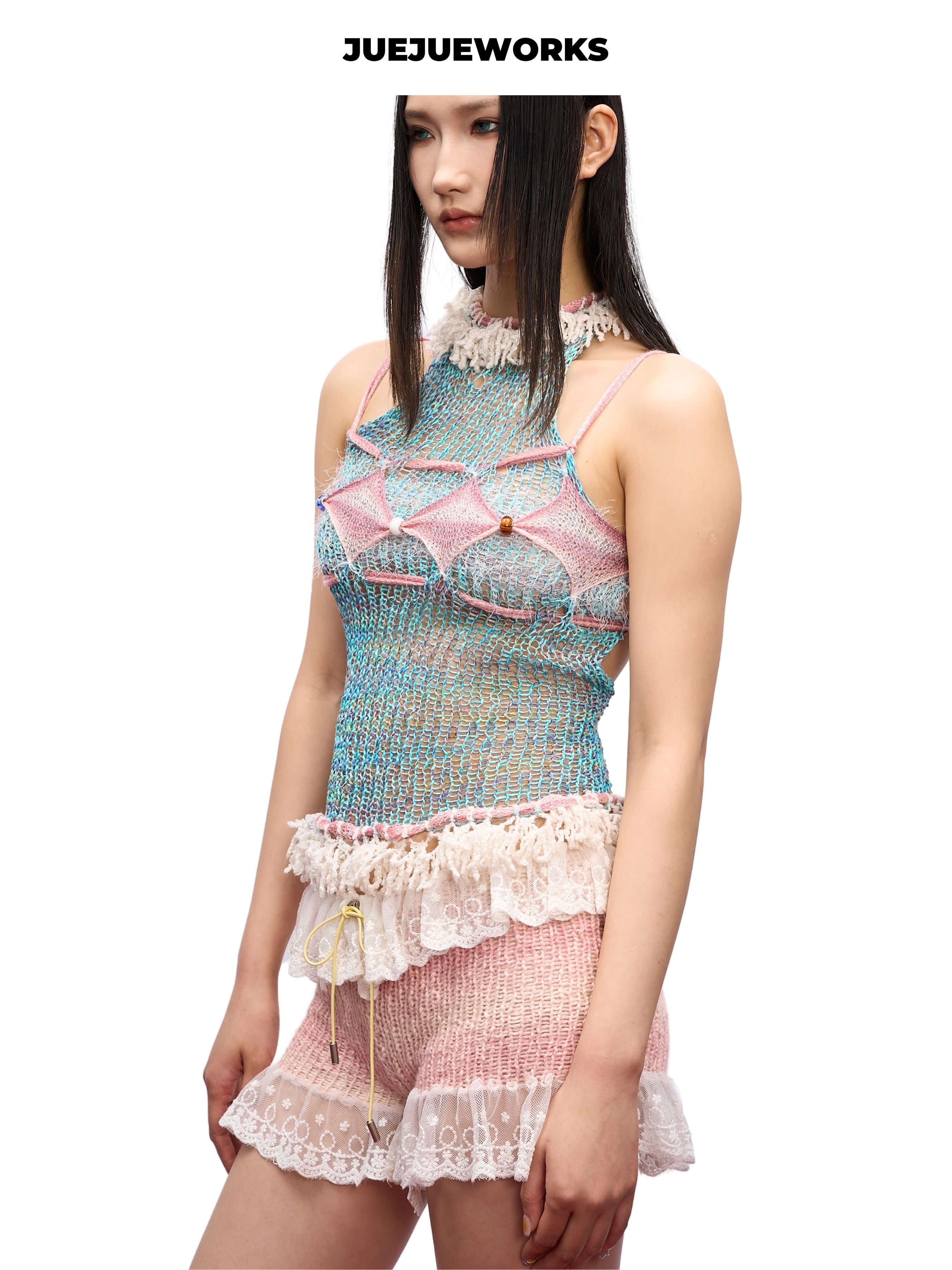 JUEJUEWORKS Sea Salt Mesh Knit Cami, Fringe Collar High Stretch Adjustable Handmade Yarn Knit Spring Top