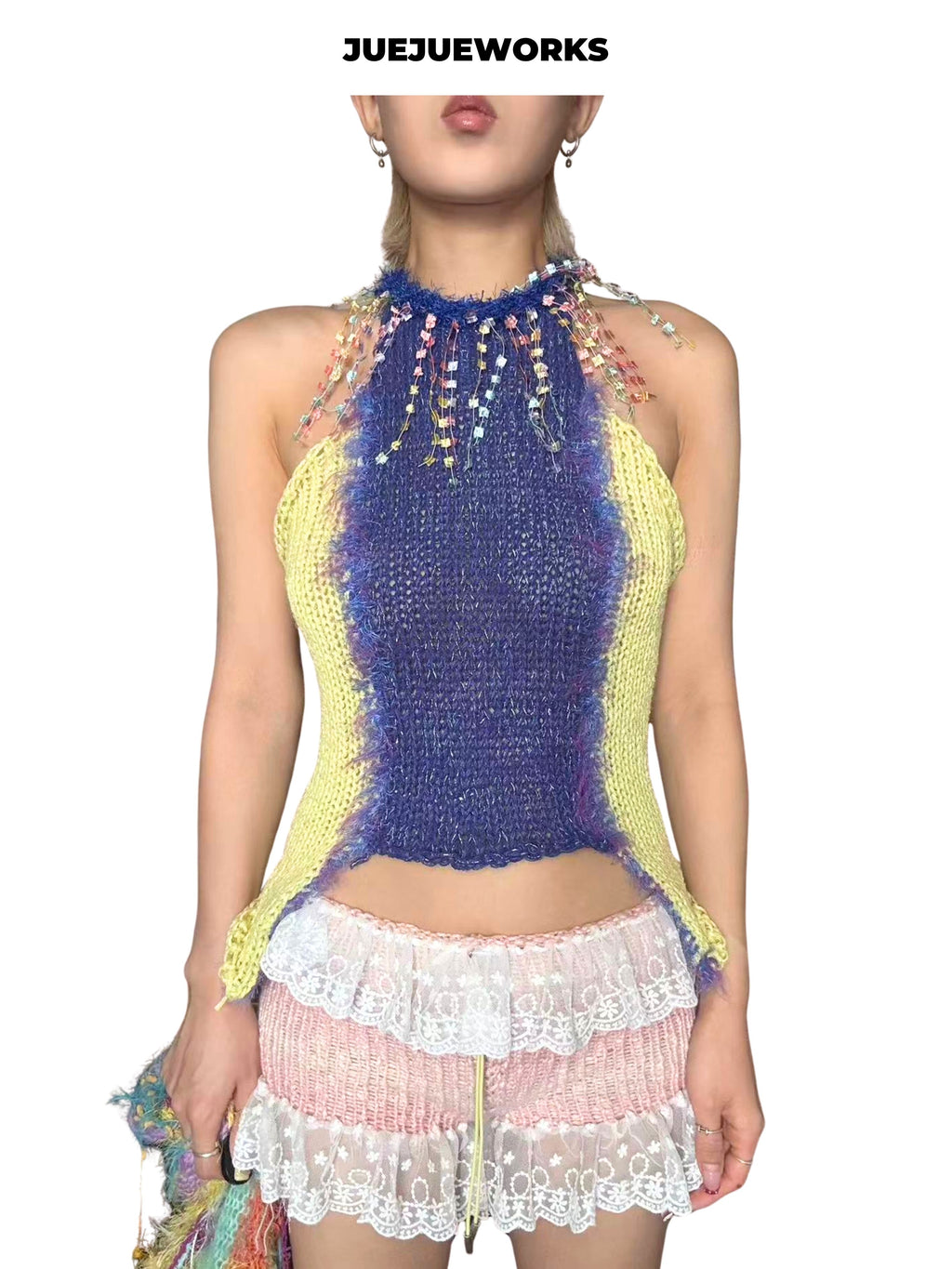 JUEJUEWORKS Yellow Purple Color Block Knit Halter Top, Irregular Hem Retro Y2K Grunge Handmade Knit Cami