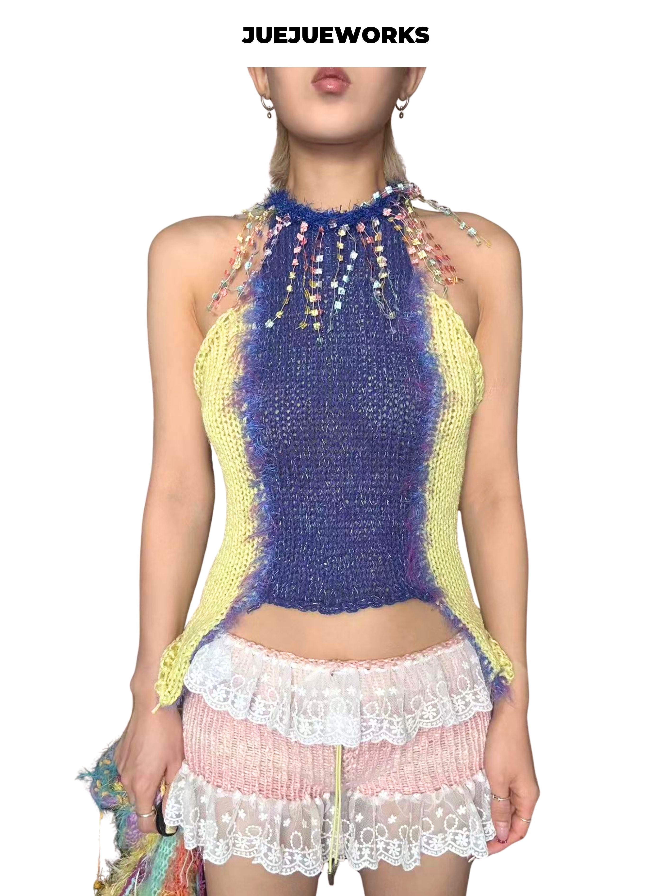 JUEJUEWORKS Yellow Purple Color Block Knit Halter Top, Irregular Hem Retro Y2K Grunge Handmade Knit Cami