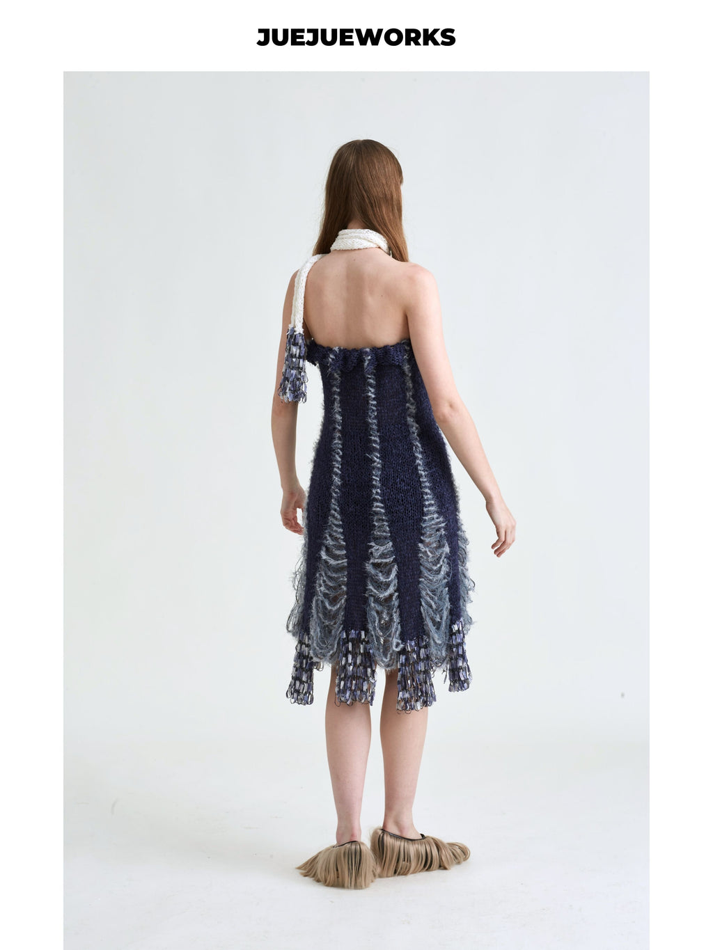 JUEJUEWORKS Dark Blue Frayed Fringe Knit Midi Skirt, Strapless Hollow Out Handmade Knit Body Skirt