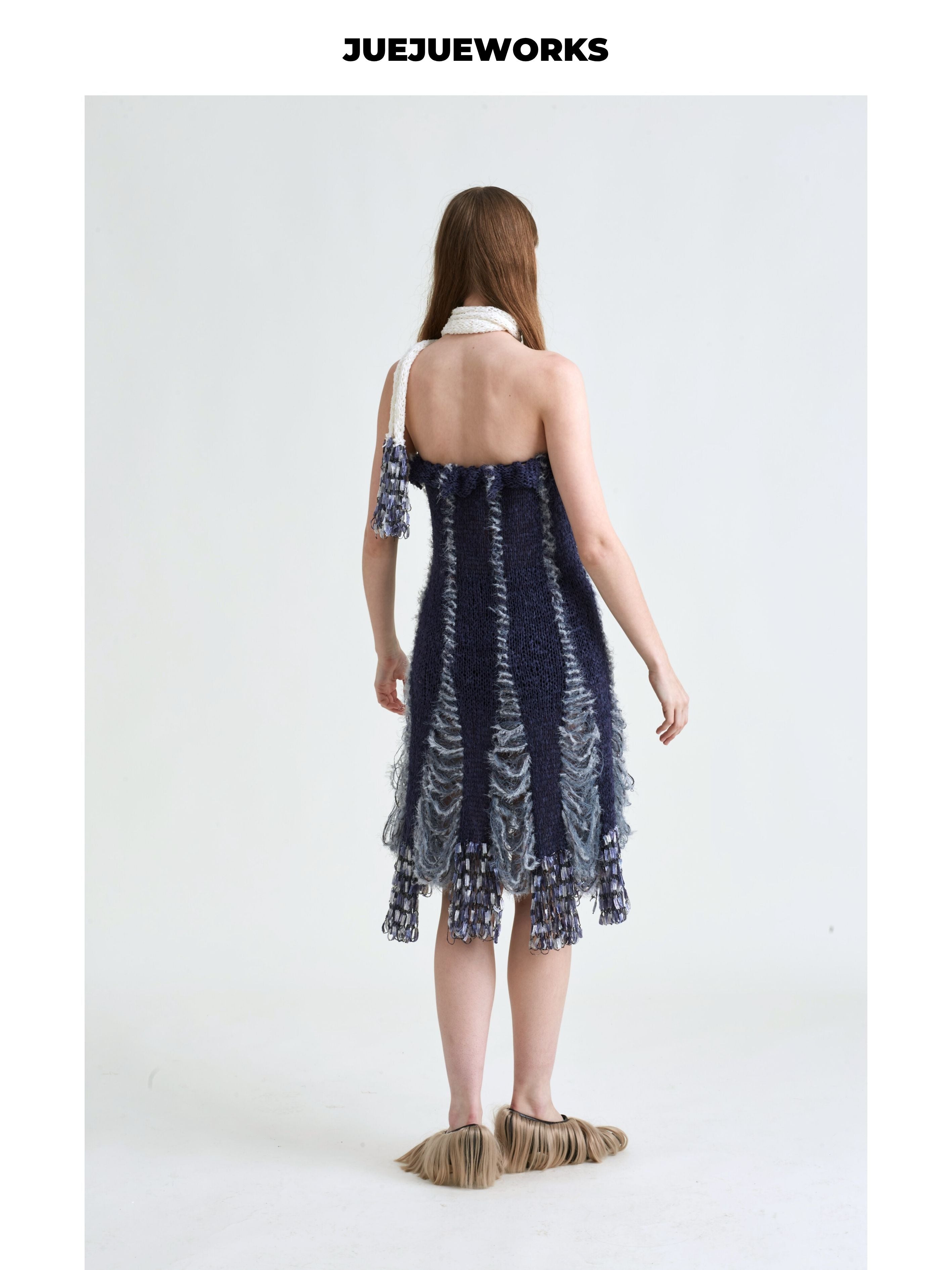 JUEJUEWORKS Dark Blue Frayed Fringe Knit Midi Skirt, Strapless Hollow Out Handmade Knit Body Skirt