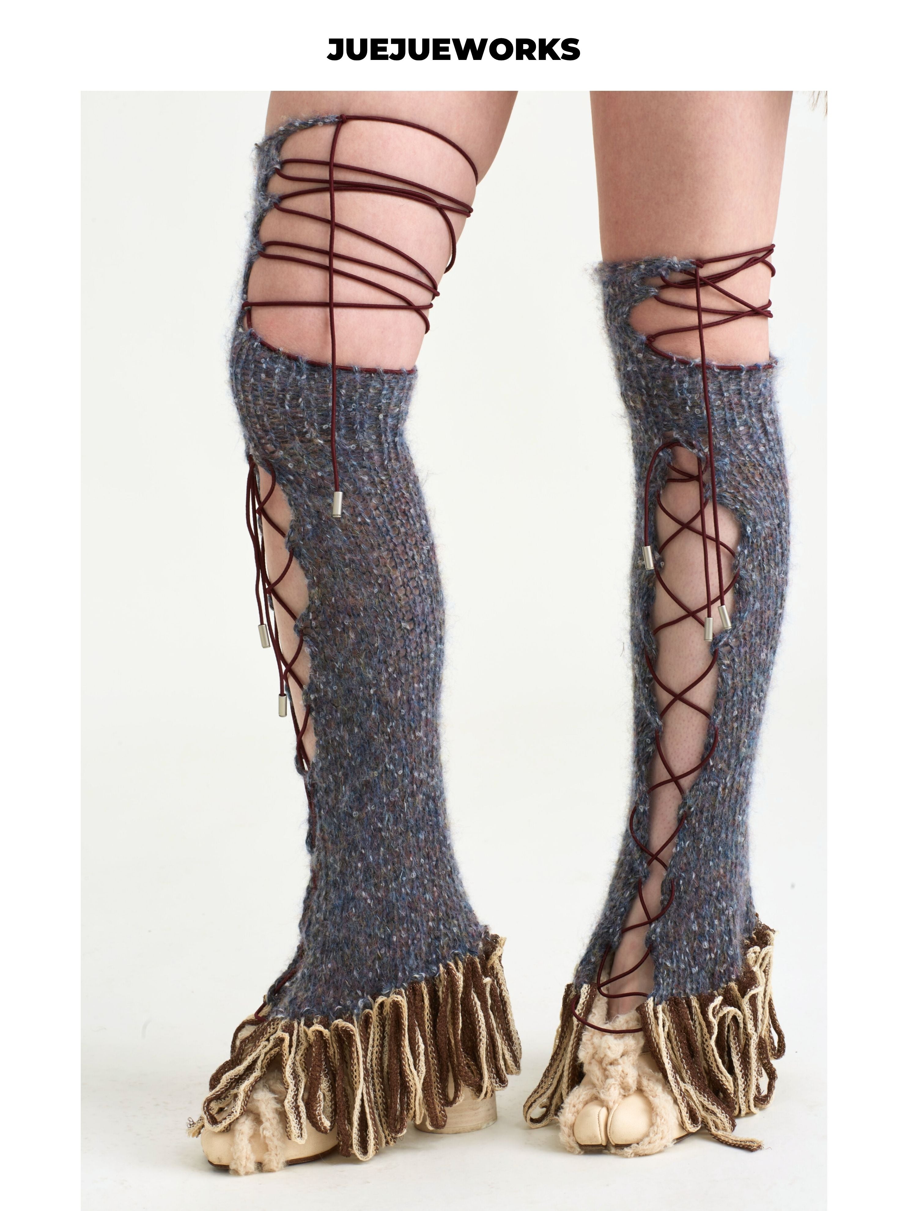 JUEJUEWORKS Crisscross Lace-Up Adjustable Cutout Knit Leg Warmers, Original Handmade Distressed Yarn Knit