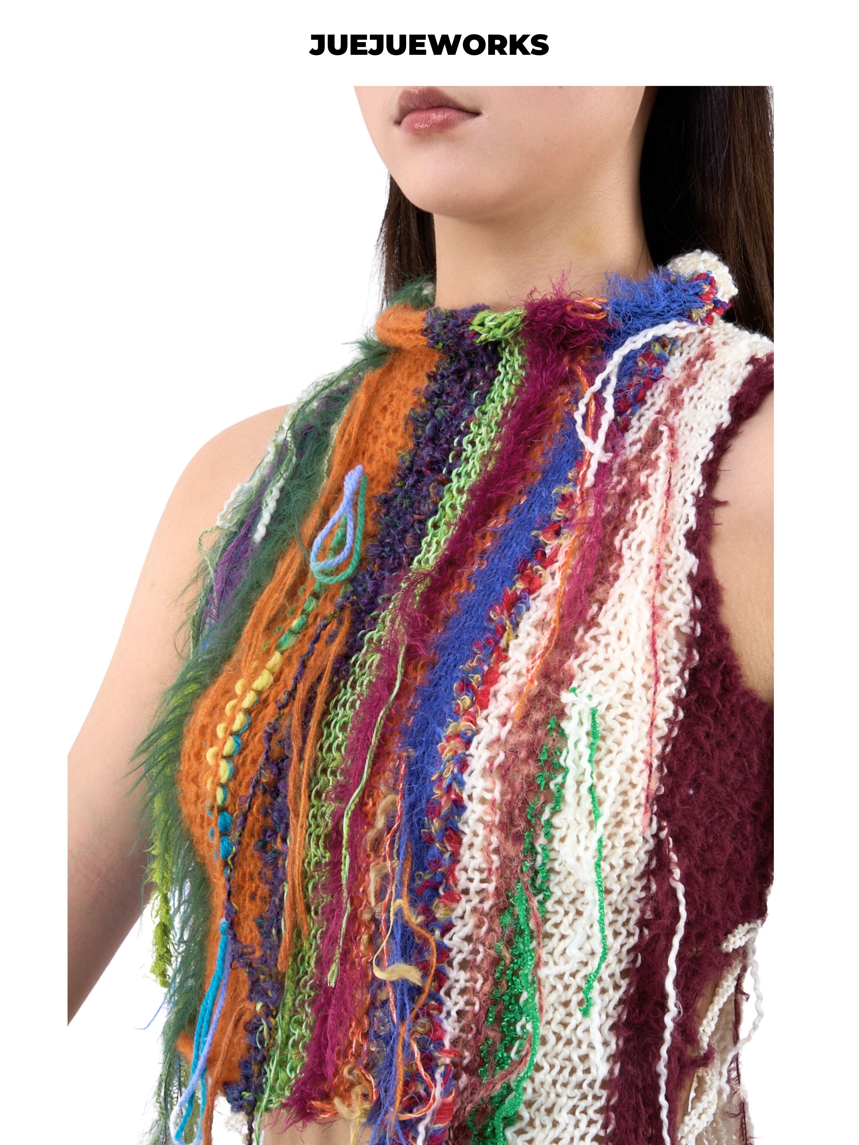 JUEJUEWORKS Multicolor Fringe Vest With Side Tie, High Stretch Breathable Slim Fit Handmade Yarn Knit