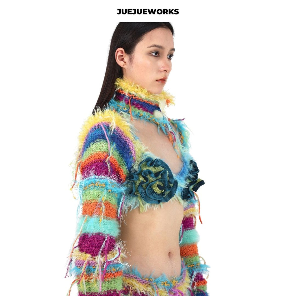 JUEJUEWORKS Hand-Knit 3D Rose Sculptural Fluffy Halter Bikini Top Avant-Garde Adjustable Tie-Up Artisanal Knit Bralette