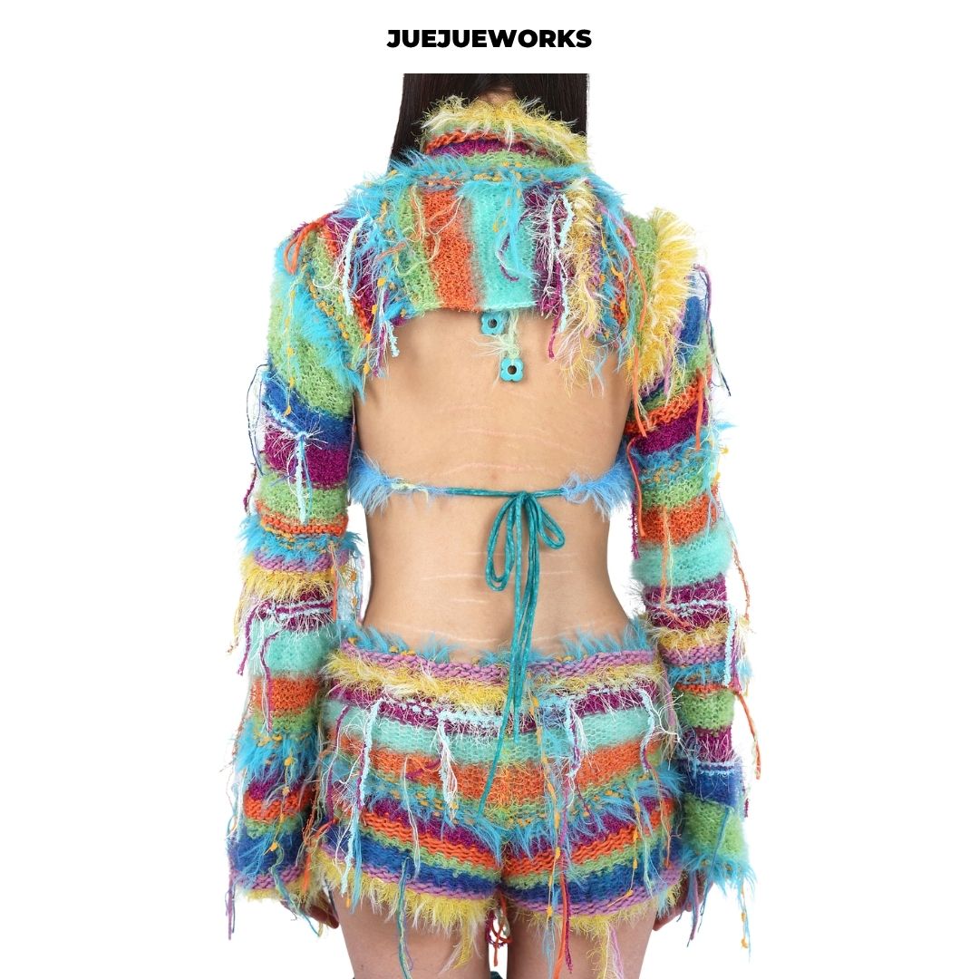 JUEJUEWORKS Hand-Knit 3D Rose Sculptural Fluffy Halter Bikini Top Avant-Garde Adjustable Tie-Up Artisanal Knit Bralette