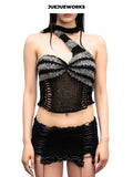 JUEJUEWORKS Raccoon Asymmetric One-Shoulder Knit Cami, Marled Fuzzy Hollow Out High Stretch Adjustable Handmade Yarn Knit Summer Crop Top