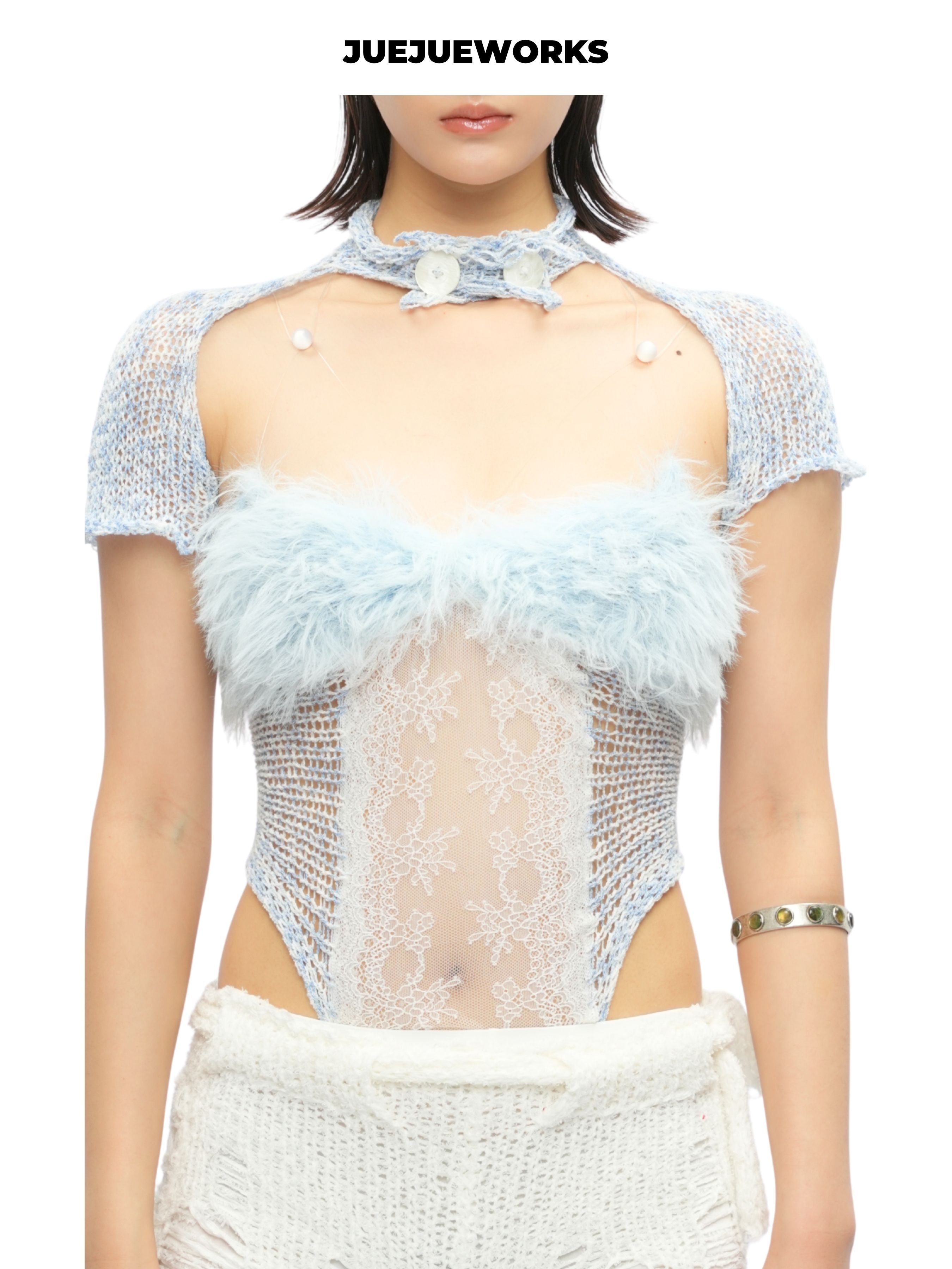 JUEJUEWORKS Blue Feather Cami Top, Summer High Stretch Adjustable Handmade Yarn Knit Camisole