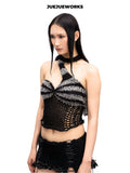 JUEJUEWORKS Raccoon Asymmetric One-Shoulder Knit Cami, Marled Fuzzy Hollow Out High Stretch Adjustable Handmade Yarn Knit Summer Crop Top