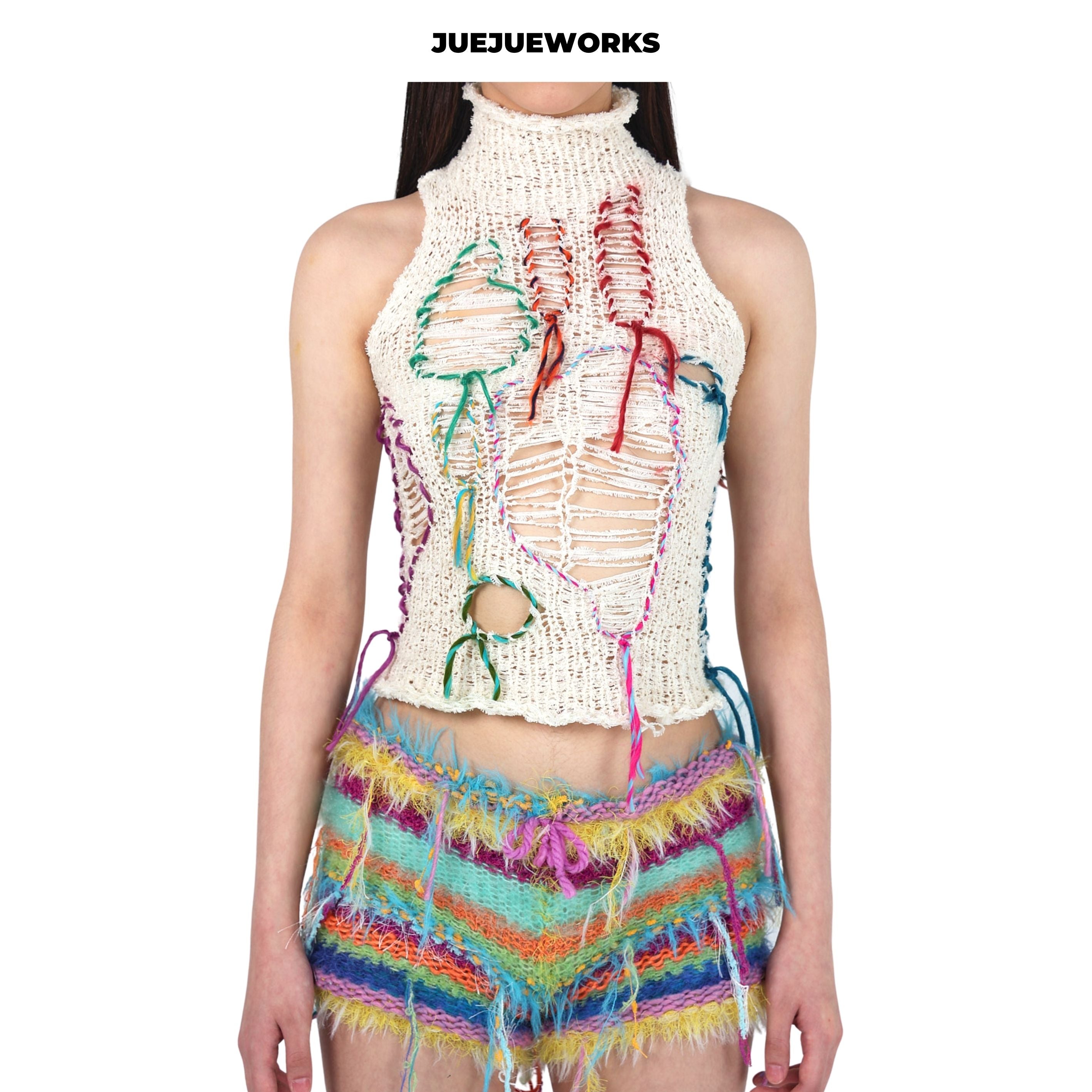 JUEJUEWORKS Mini Moon Asymmetric Knit Cami Top, Original Spring High Stretch Handmade Yarn Knit Vest
