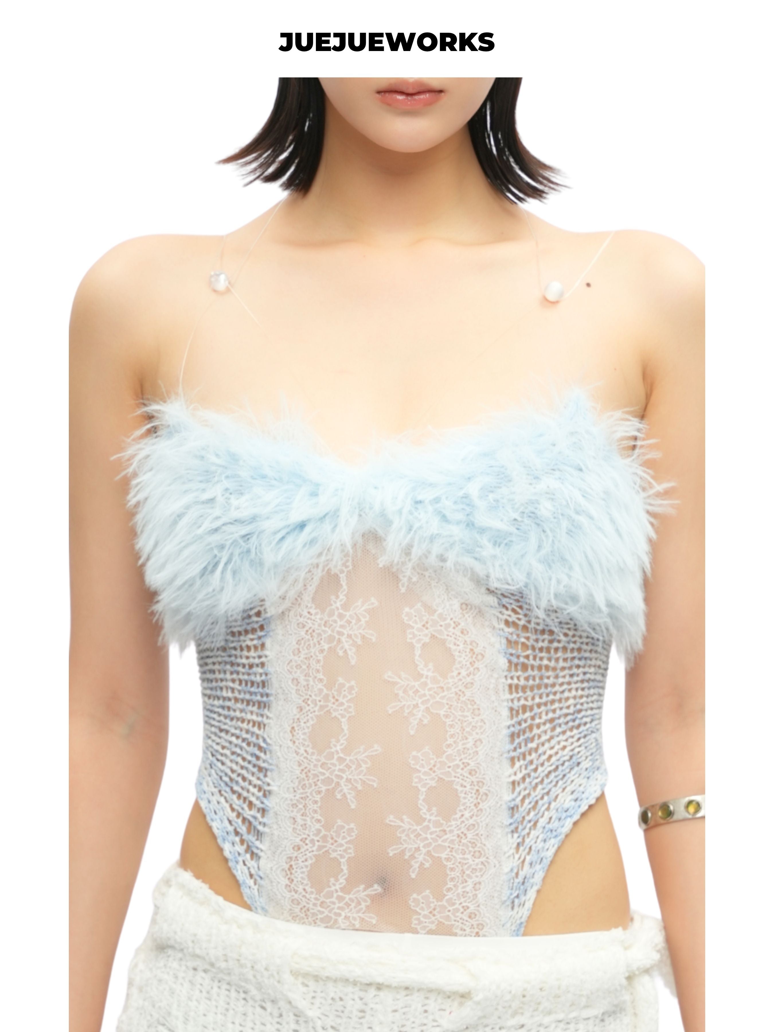 JUEJUEWORKS Blue Feather Cami Top, Summer High Stretch Adjustable Handmade Yarn Knit Camisole
