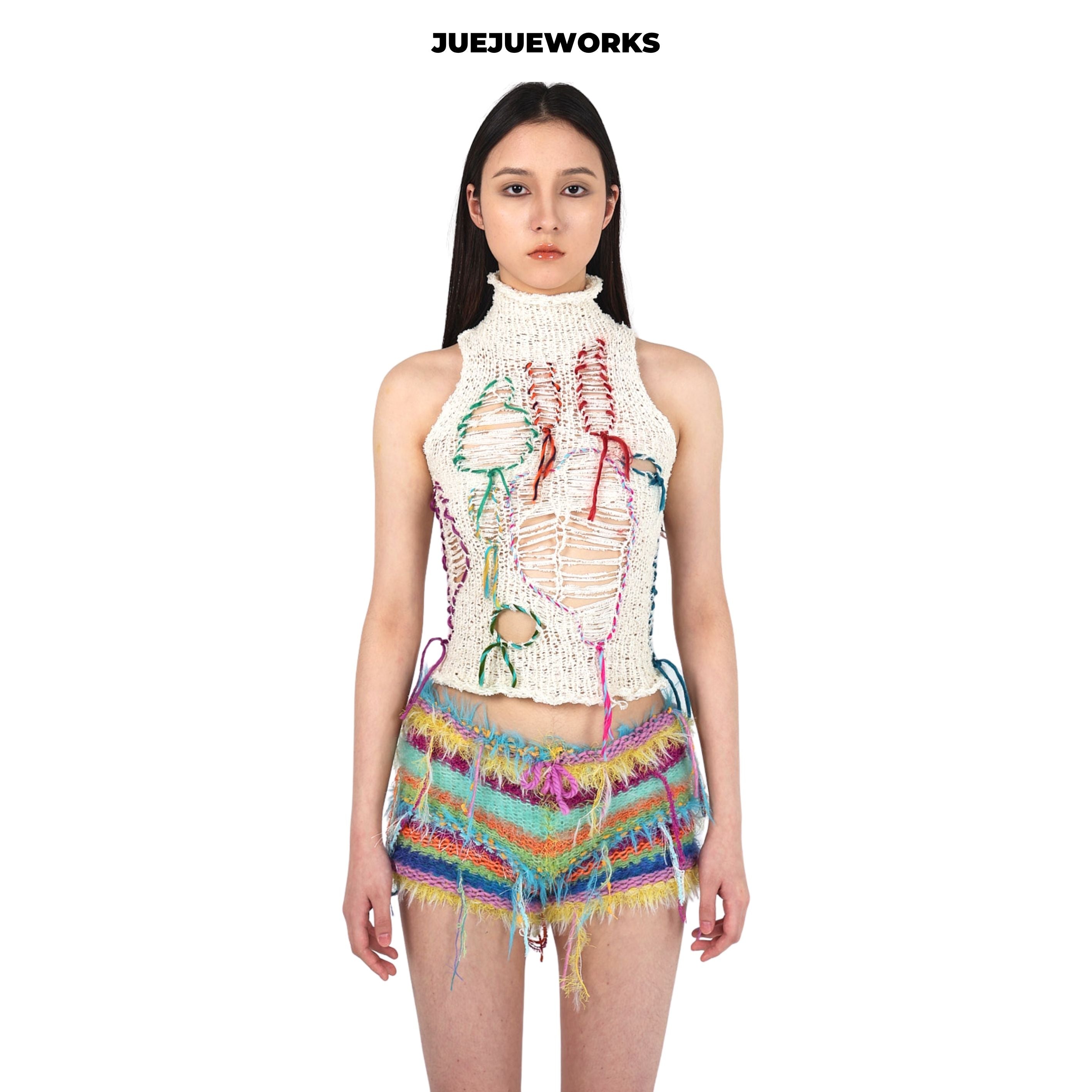 JUEJUEWORKS Mini Moon Asymmetric Knit Cami Top, Original Spring High Stretch Handmade Yarn Knit Vest