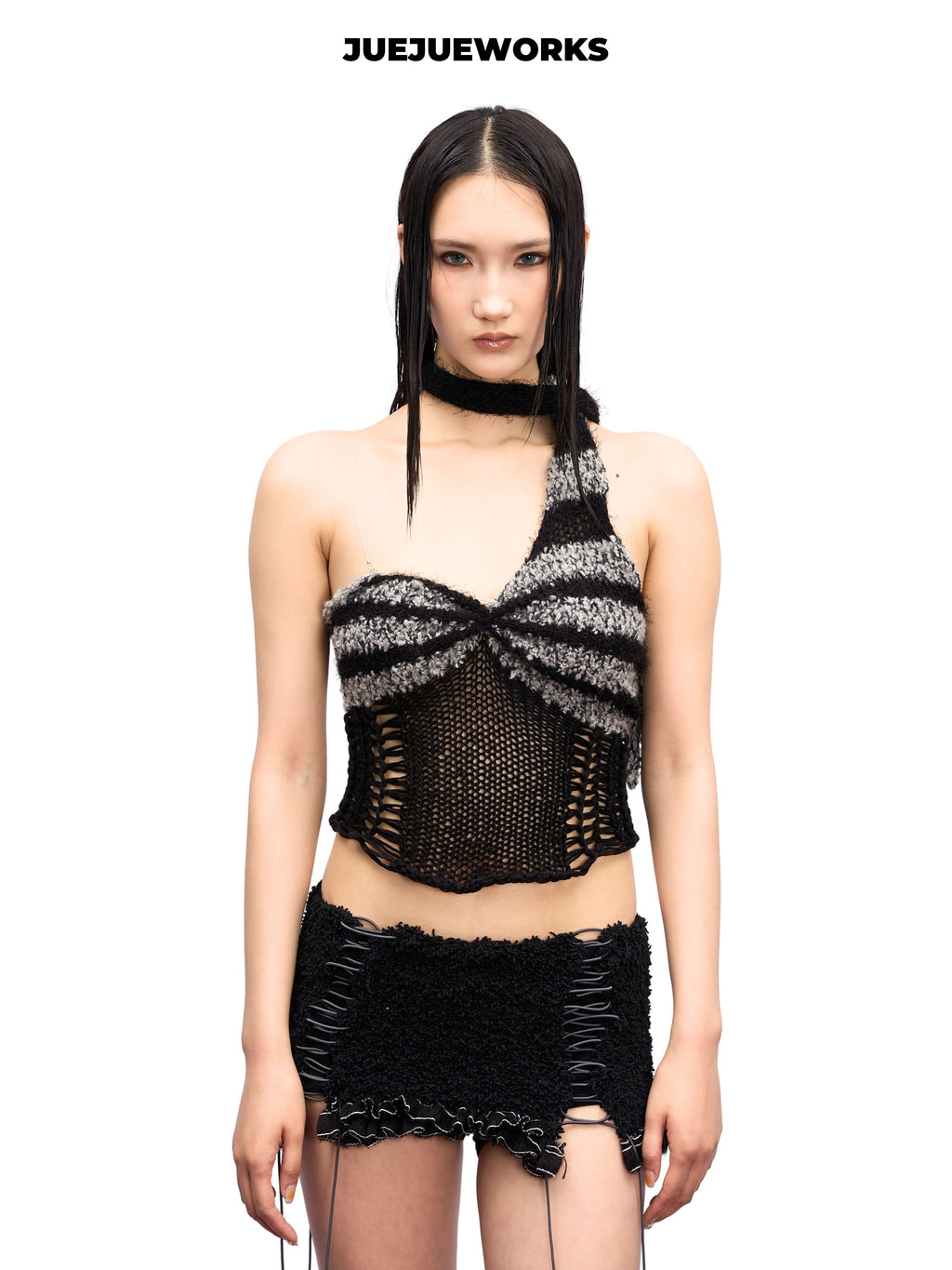 JUEJUEWORKS Raccoon Asymmetric One-Shoulder Knit Cami, Marled Fuzzy Hollow Out High Stretch Adjustable Handmade Yarn Knit Summer Crop Top