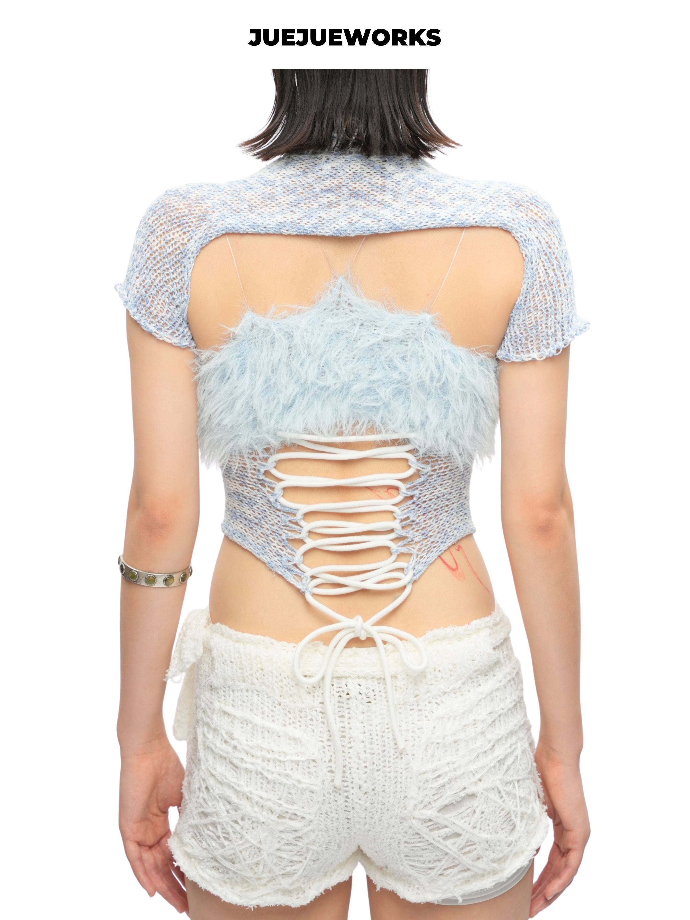 JUEJUEWORKS Blue Feather Cami Top, Summer High Stretch Adjustable Handmade Yarn Knit Camisole