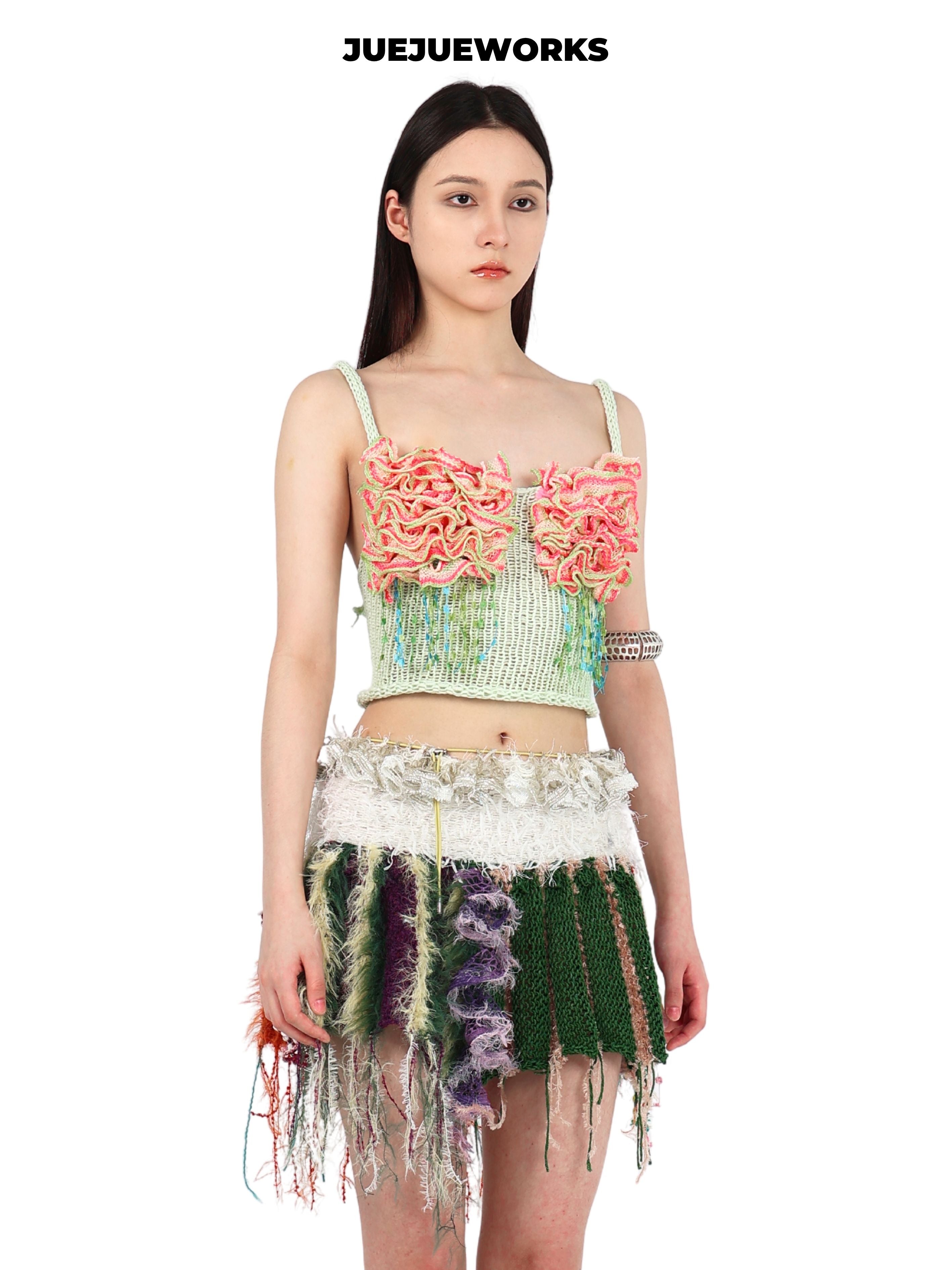 JUEJUEWORKS Guava Ruffled Knit Cami, Original Color Gradient High Stretch Handmade Yarn Knit Crop Top