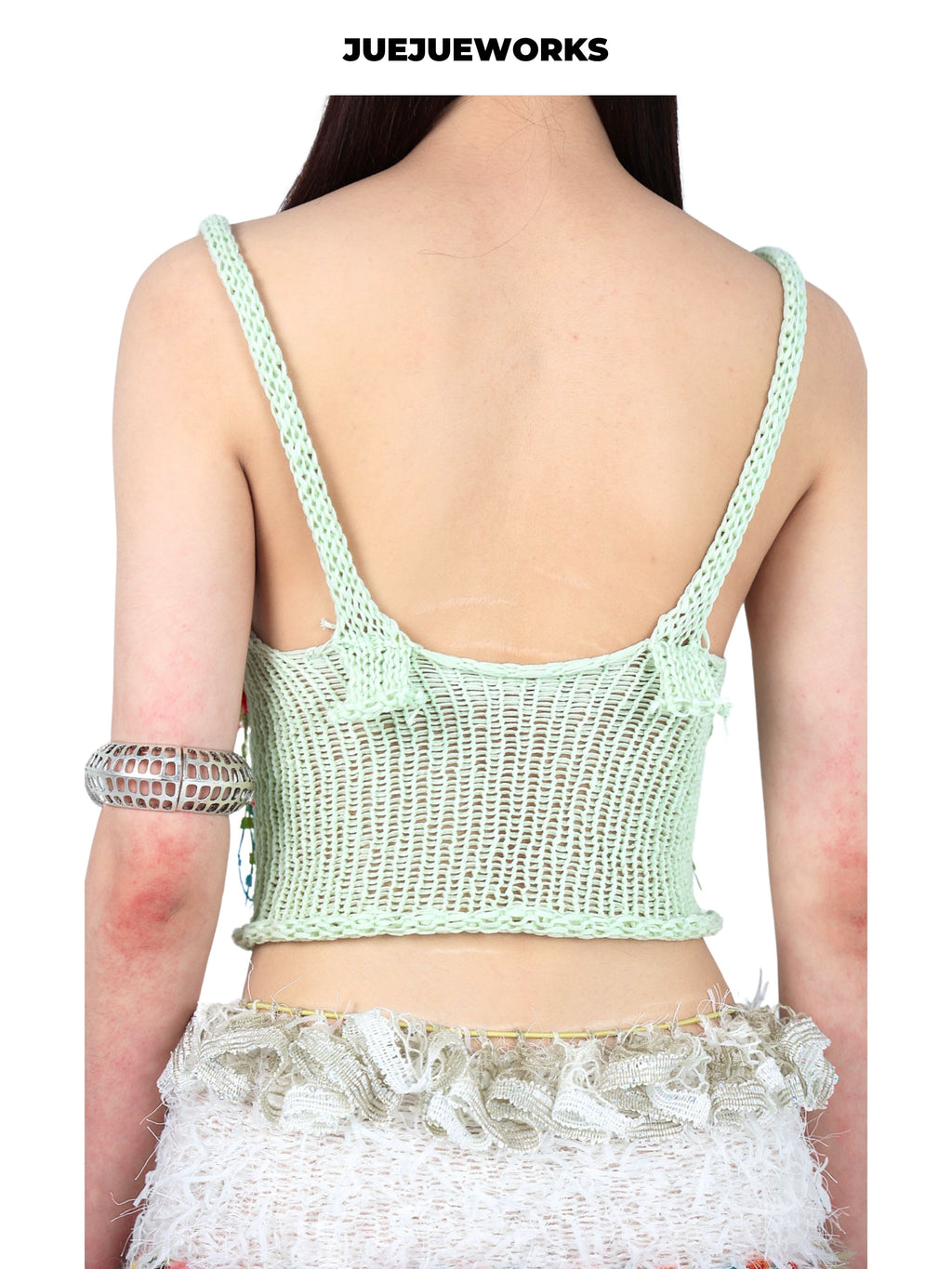 JUEJUEWORKS Guava Ruffled Knit Cami, Original Color Gradient High Stretch Handmade Yarn Knit Crop Top