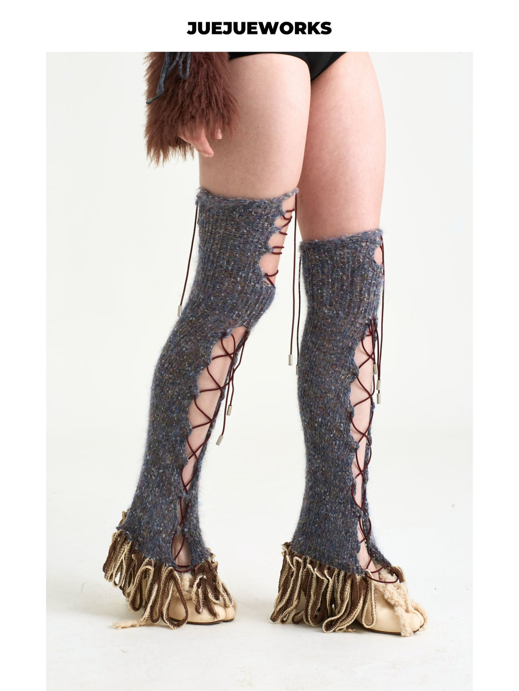JUEJUEWORKS Crisscross Lace-Up Adjustable Cutout Knit Leg Warmers, Original Handmade Distressed Yarn Knit