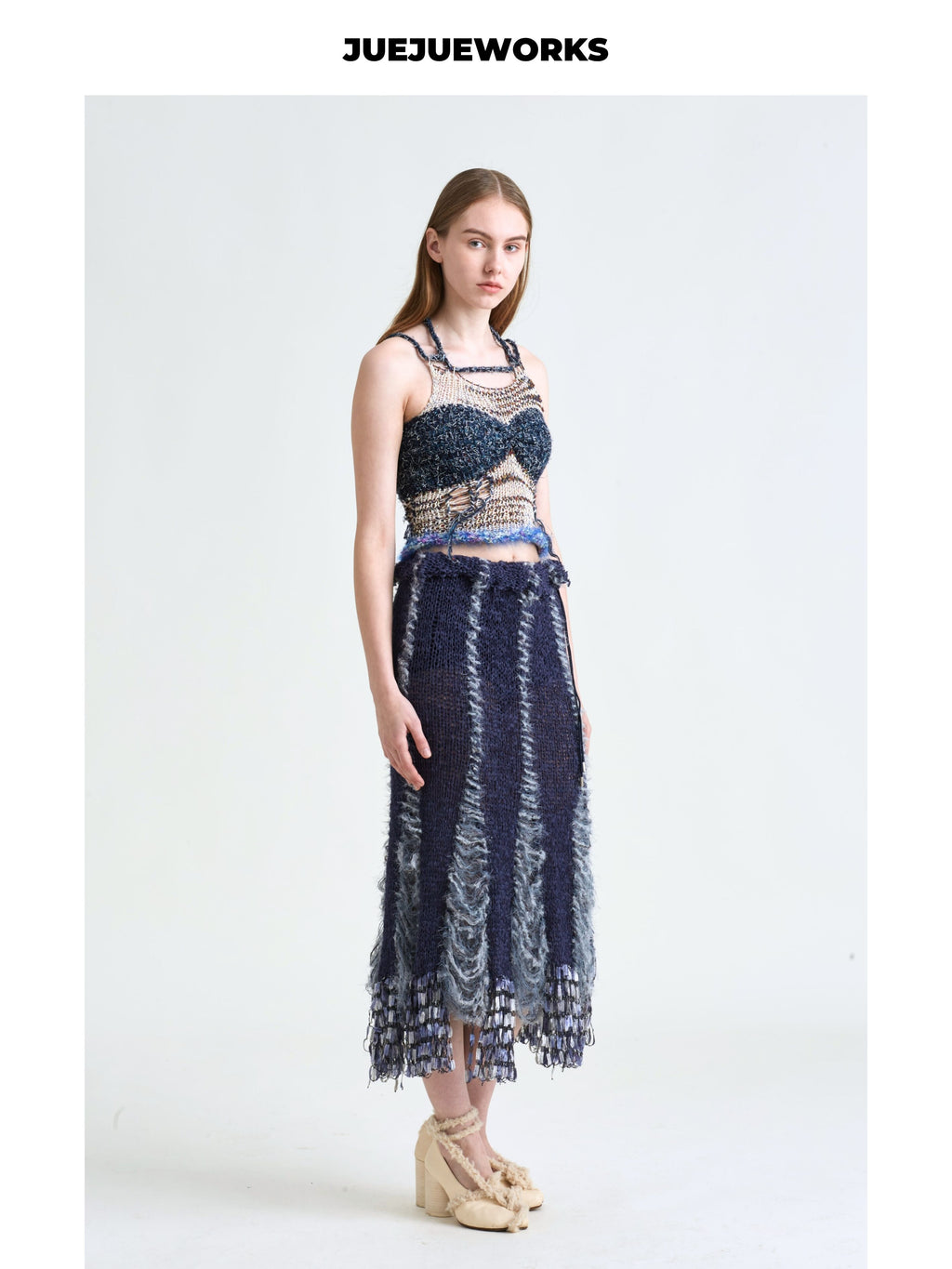JUEJUEWORKS Dark Blue Frayed Fringe Knit Midi Skirt, Strapless Hollow Out Handmade Knit Body Skirt