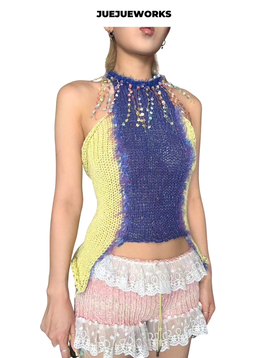 JUEJUEWORKS Yellow Purple Color Block Knit Halter Top, Irregular Hem Retro Y2K Grunge Handmade Knit Cami