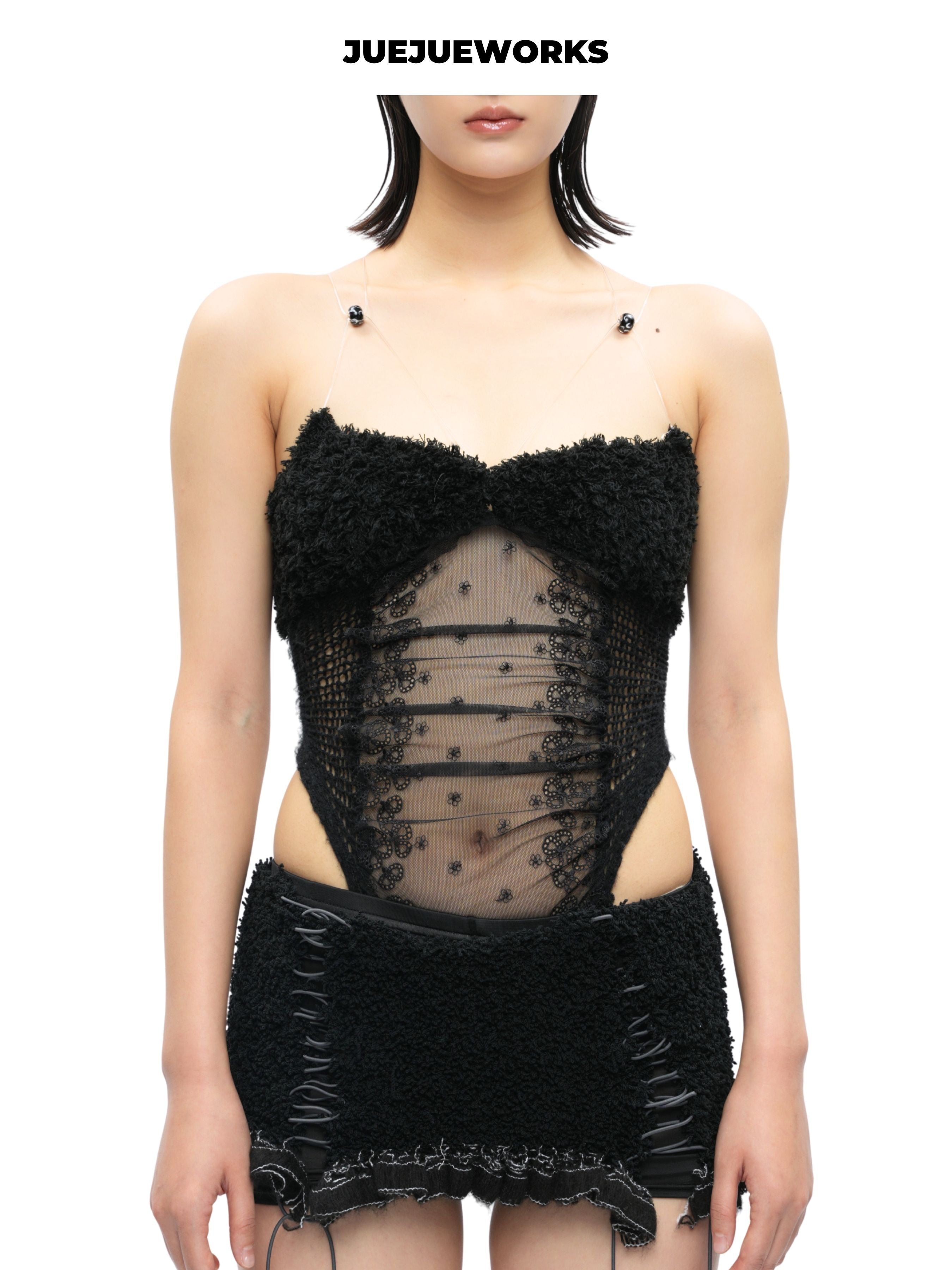 JUEJUEWORKS Black Feather Knit Cami Top, Original Spring High Stretch Adjustable Handmade Yarn Knit Top