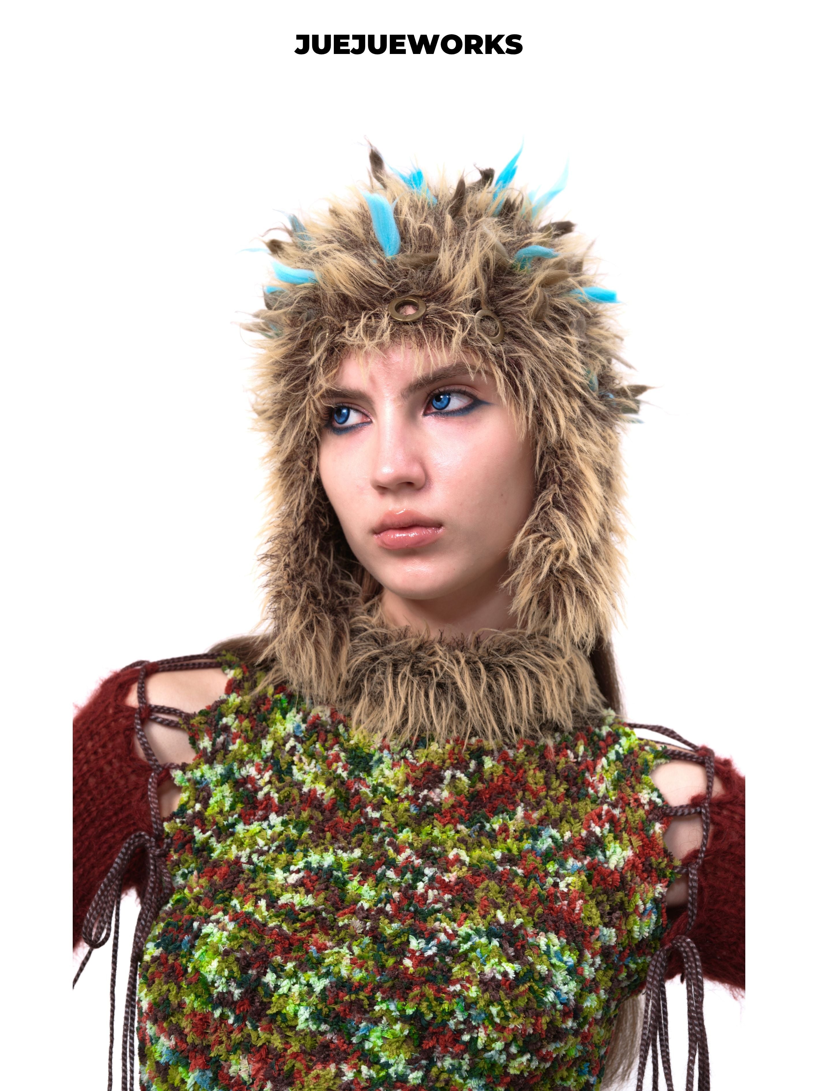 JUEJUEWORKS Brown Fluffy Ear Hat, Stylish Fuzzy Warm Earflap Hat, High-Stretch Handmade Yarn Knit