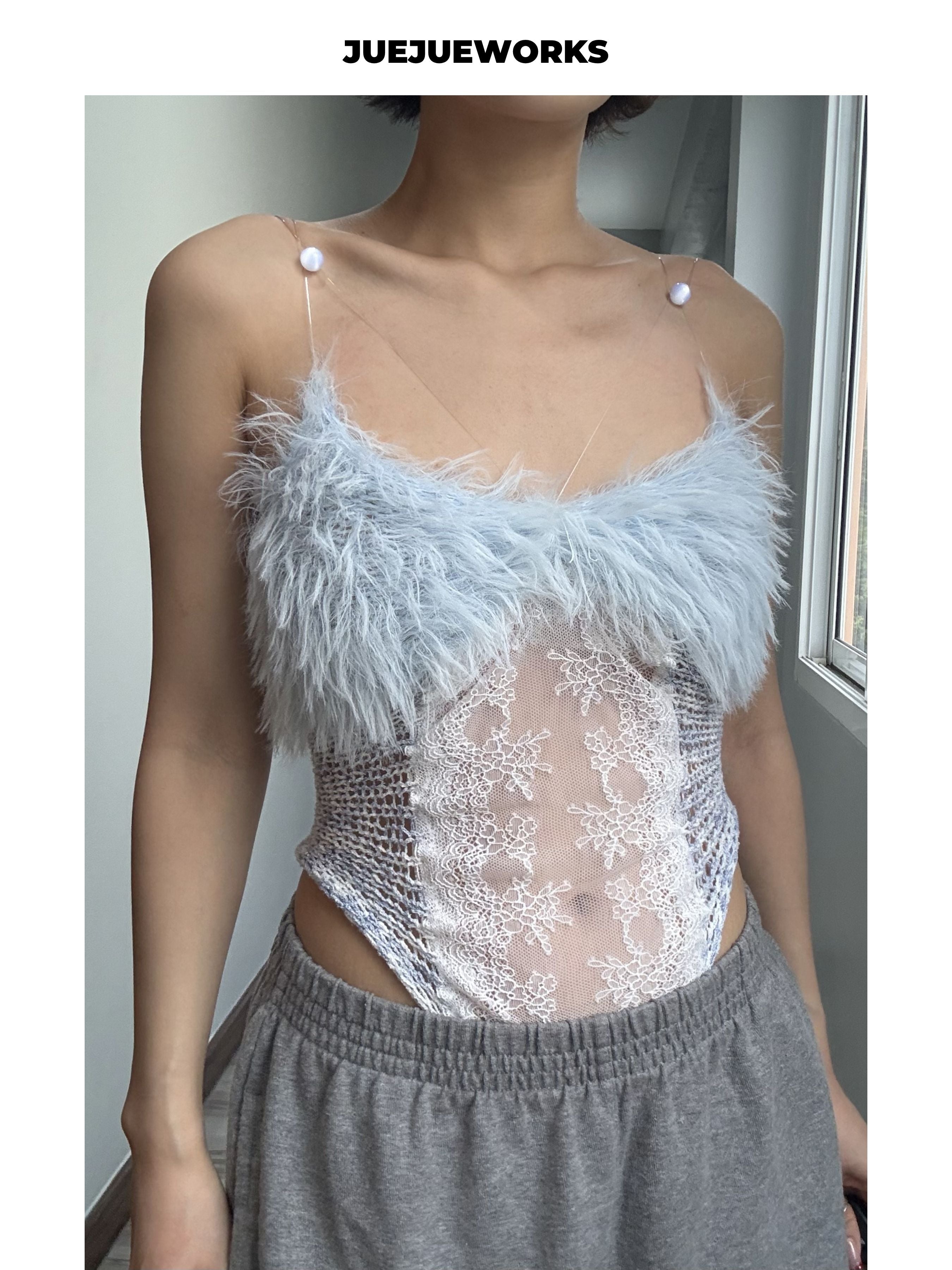 JUEJUEWORKS Blue Feather Cami Top, Summer High Stretch Adjustable Handmade Yarn Knit Camisole
