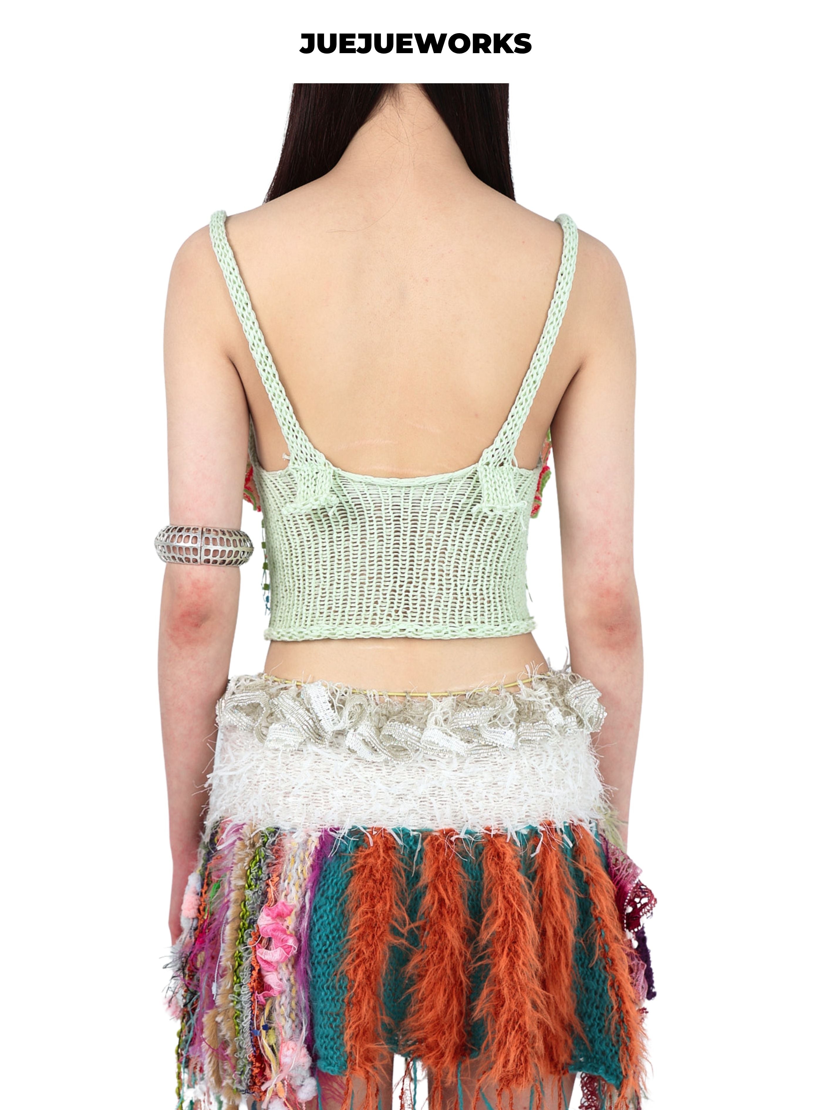 JUEJUEWORKS Guava Ruffled Knit Cami, Original Color Gradient High Stretch Handmade Yarn Knit Crop Top