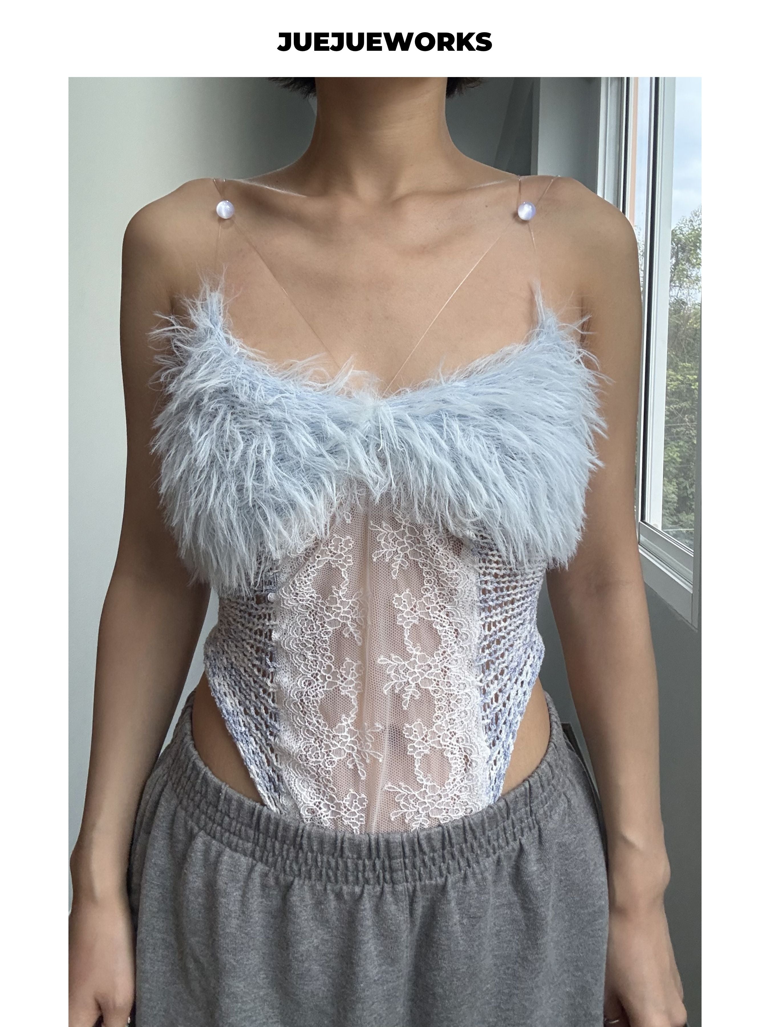 JUEJUEWORKS Blue Feather Cami Top, Summer High Stretch Adjustable Handmade Yarn Knit Camisole
