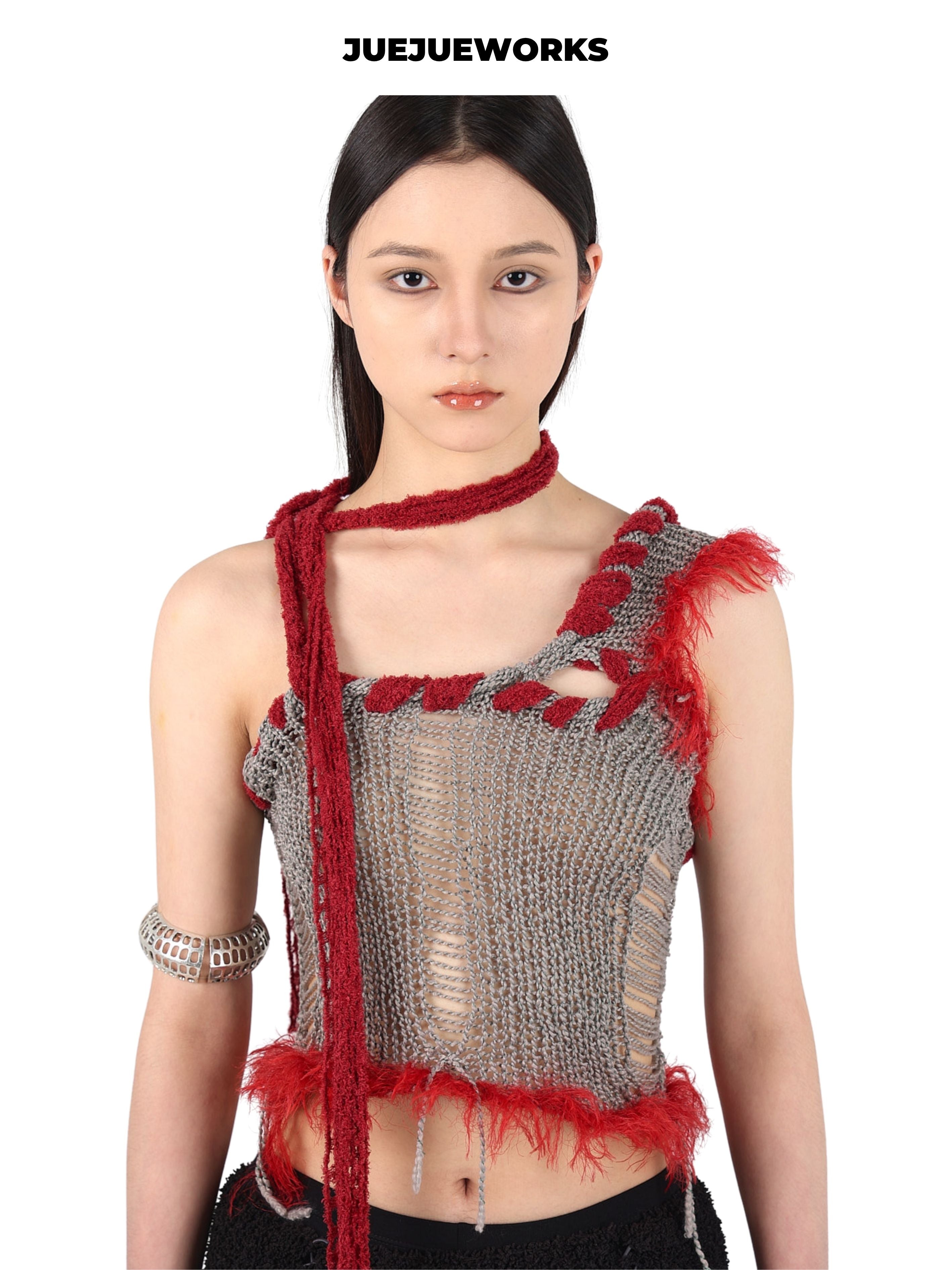 JUEJUEWORKS Grey Red Rambutan Asymmetric Knit Cami, Original High Stretch Handmade Distressed Knit Crop Top