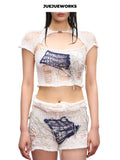 JUEJUEWORKS Patchwork Applique Distressed Mesh Knit Cami Set, Cap Sleeve Shrug Hollow Out High Stretch Adjustable Handmade Yarn Knit Summer Crop Top