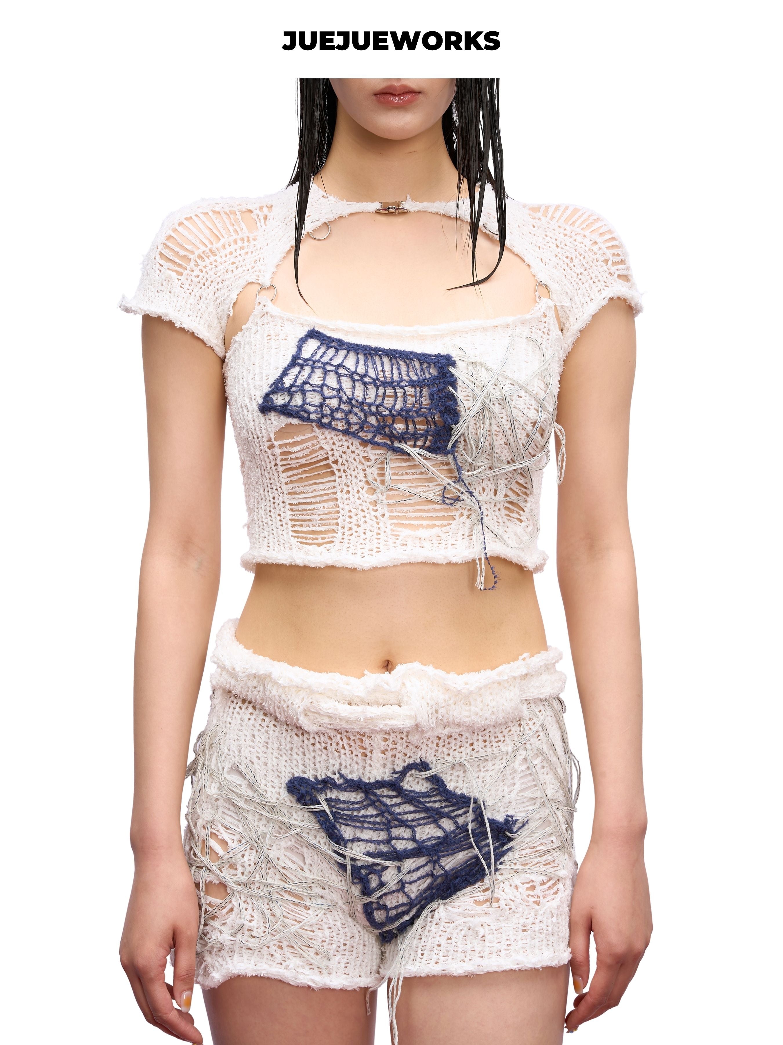 JUEJUEWORKS Patchwork Applique Distressed Mesh Knit Cami Set, Cap Sleeve Shrug Hollow Out High Stretch Adjustable Handmade Yarn Knit Summer Crop Top