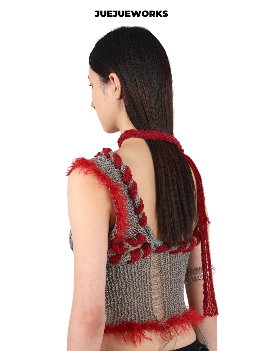 JUEJUEWORKS Grey Red Rambutan Asymmetric Knit Cami, Original High Stretch Handmade Distressed Knit Crop Top