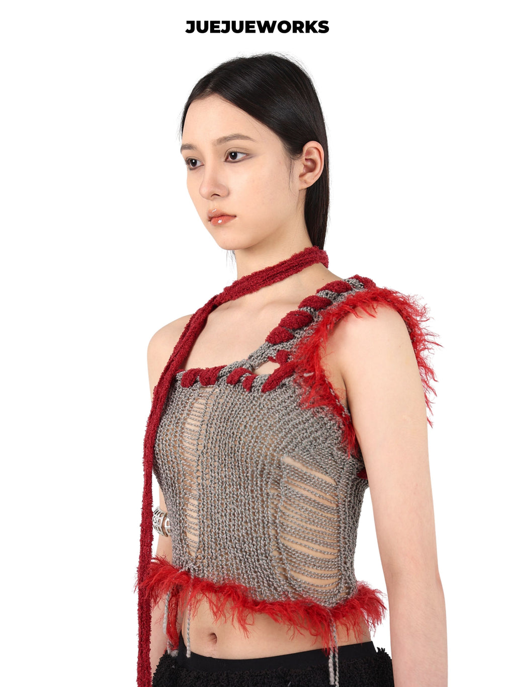 JUEJUEWORKS Grey Red Rambutan Asymmetric Knit Cami, Original High Stretch Handmade Distressed Knit Crop Top