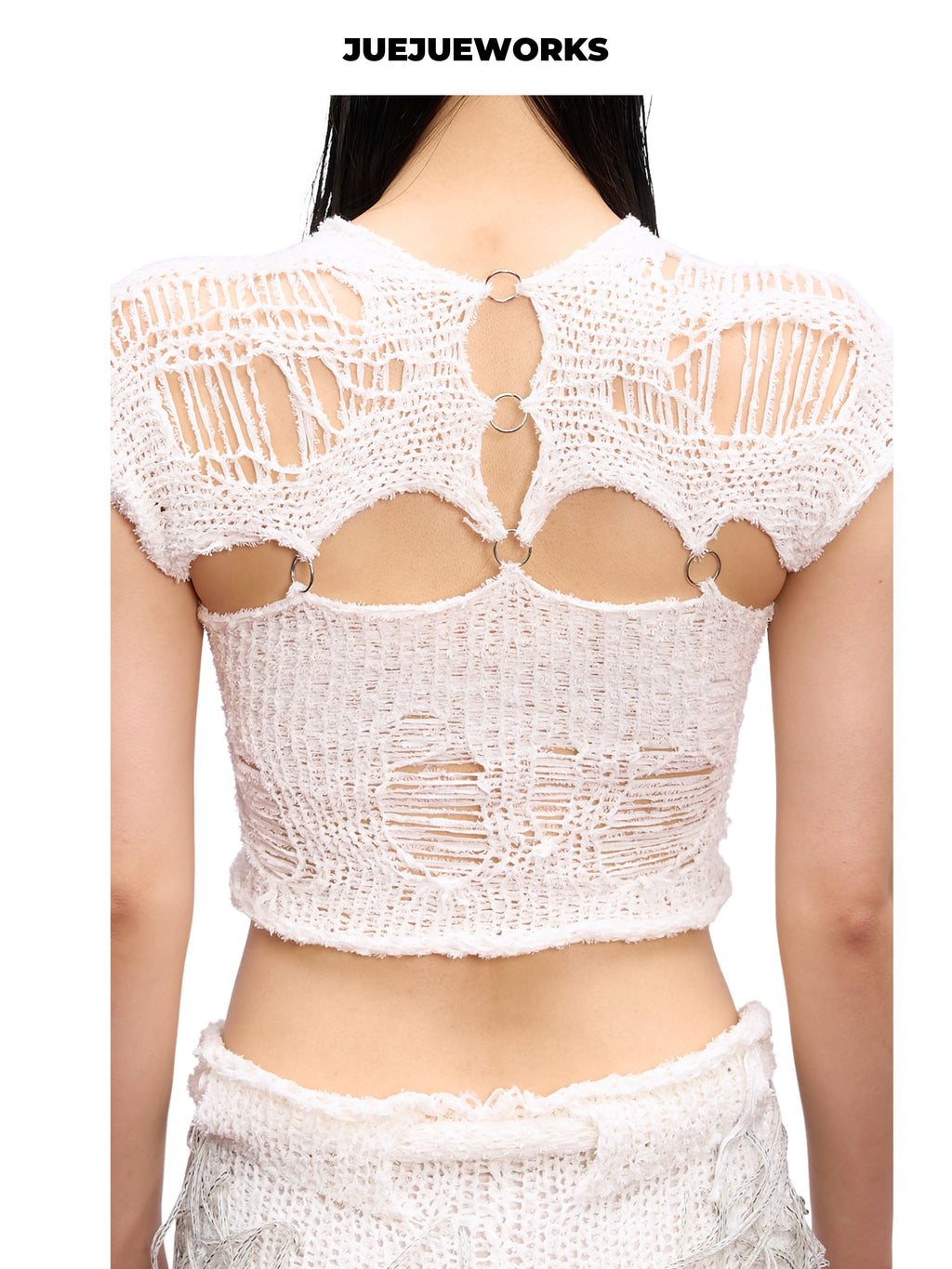 JUEJUEWORKS Patchwork Applique Distressed Mesh Knit Cami Set, Cap Sleeve Shrug Hollow Out High Stretch Adjustable Handmade Yarn Knit Summer Crop Top
