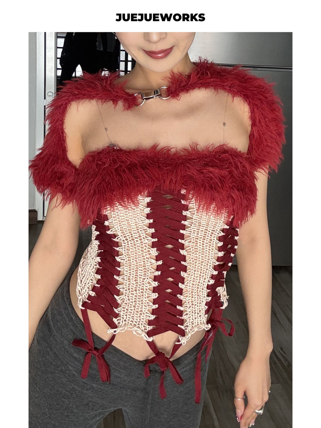 JUEJUEWORKS Red Queen Furry Shrug Short Sleeve Fuzzy Shawl, Adjustable for Autumn & Winter, Handmade Yarn Knit