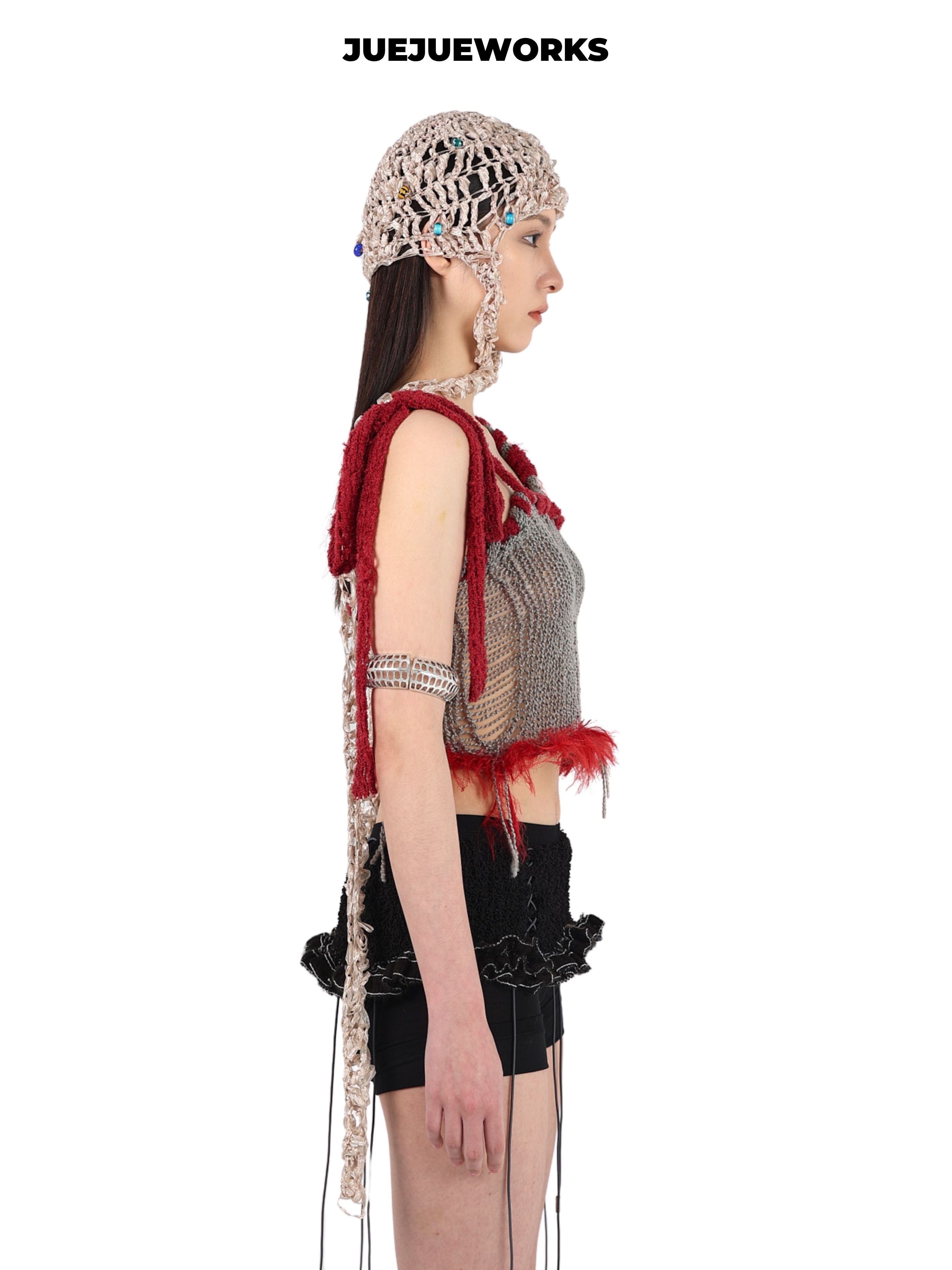 JUEJUEWORKS Grey Red Rambutan Asymmetric Knit Cami, Original High Stretch Handmade Distressed Knit Crop Top