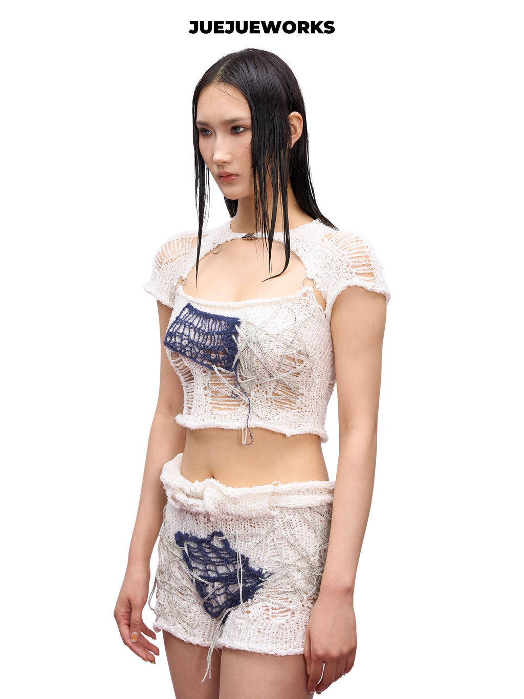 JUEJUEWORKS Patchwork Applique Distressed Mesh Knit Cami Set, Cap Sleeve Shrug Hollow Out High Stretch Adjustable Handmade Yarn Knit Summer Crop Top