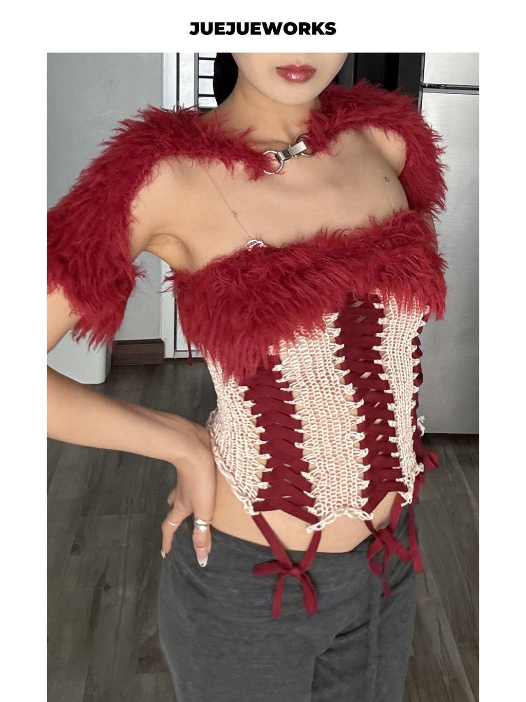 JUEJUEWORKS Red Queen Furry Shrug Short Sleeve Fuzzy Shawl, Adjustable for Autumn & Winter, Handmade Yarn Knit
