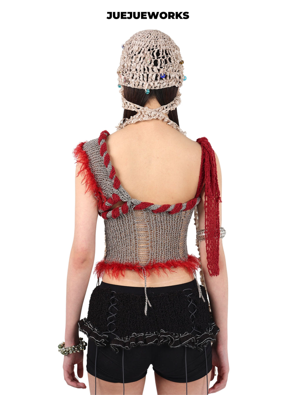 JUEJUEWORKS Grey Red Rambutan Asymmetric Knit Cami, Original High Stretch Handmade Distressed Knit Crop Top