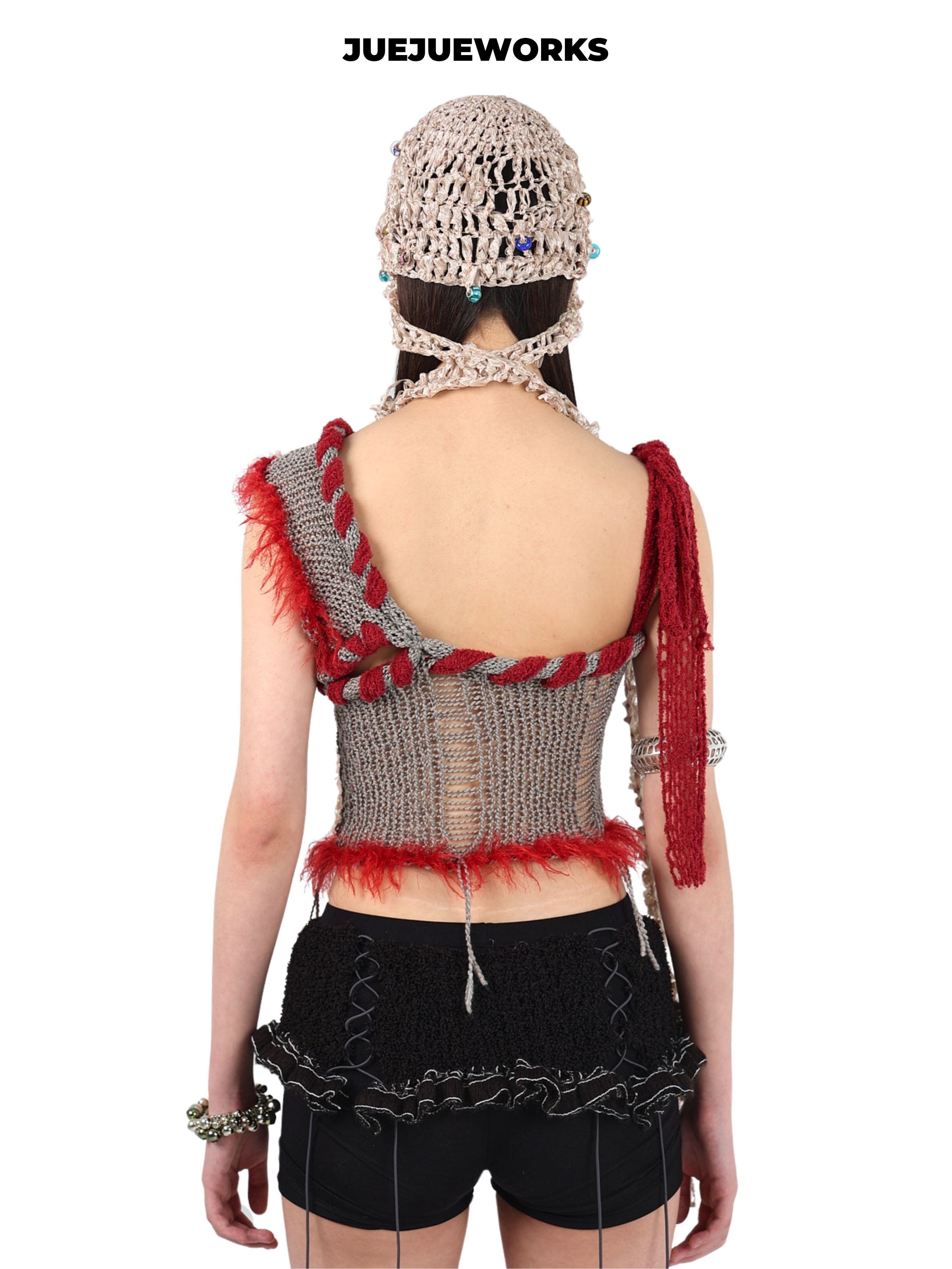 JUEJUEWORKS Grey Red Rambutan Asymmetric Knit Cami, Original High Stretch Handmade Distressed Knit Crop Top