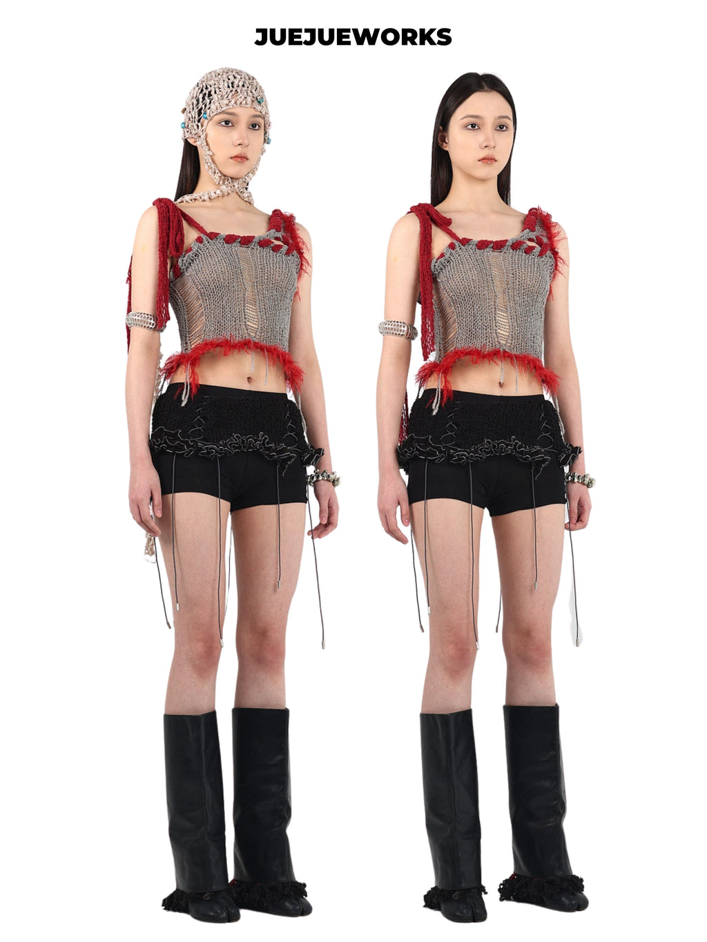 JUEJUEWORKS Grey Red Rambutan Asymmetric Knit Cami, Original High Stretch Handmade Distressed Knit Crop Top