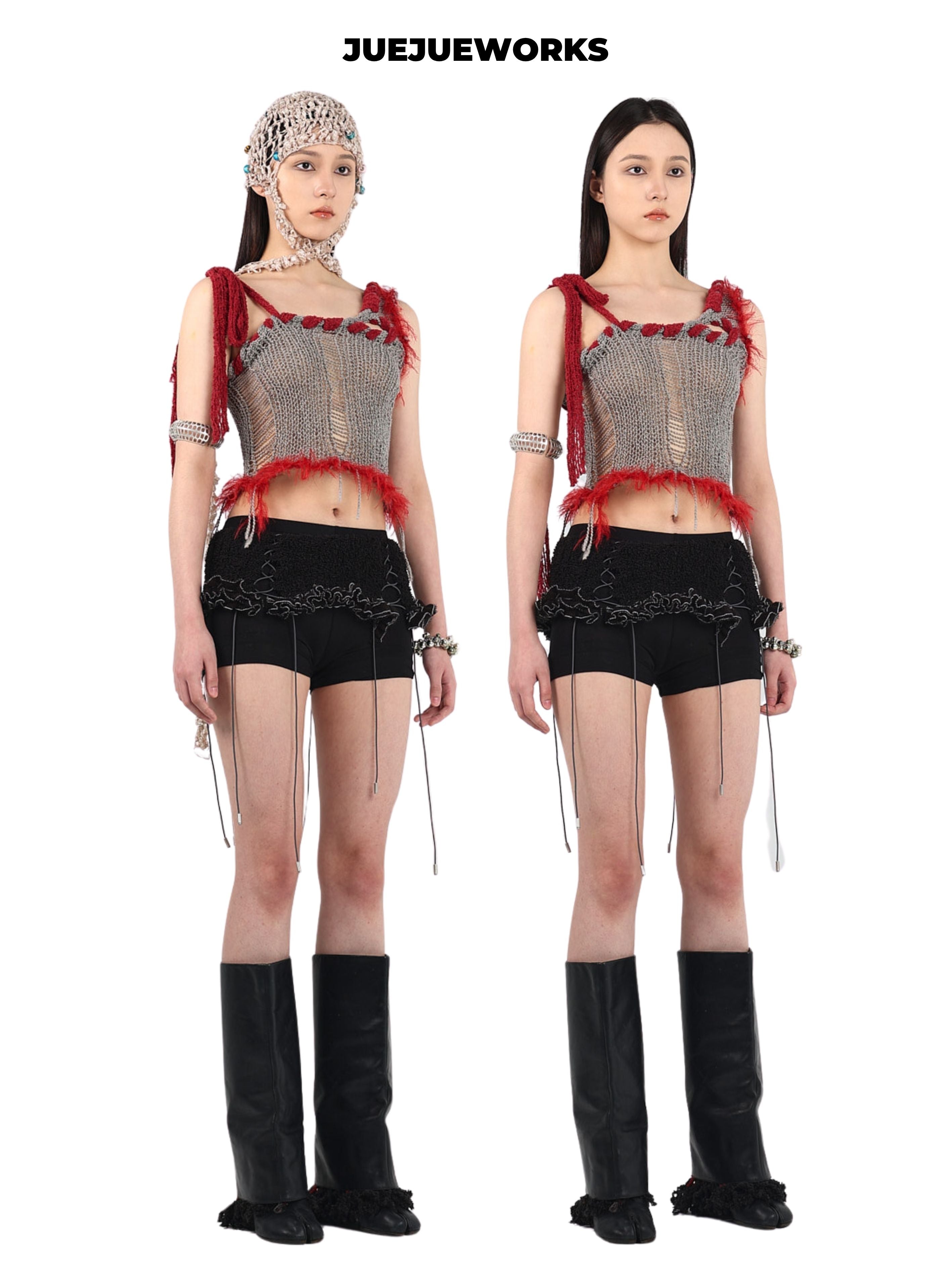 JUEJUEWORKS Grey Red Rambutan Asymmetric Knit Cami, Original High Stretch Handmade Distressed Knit Crop Top
