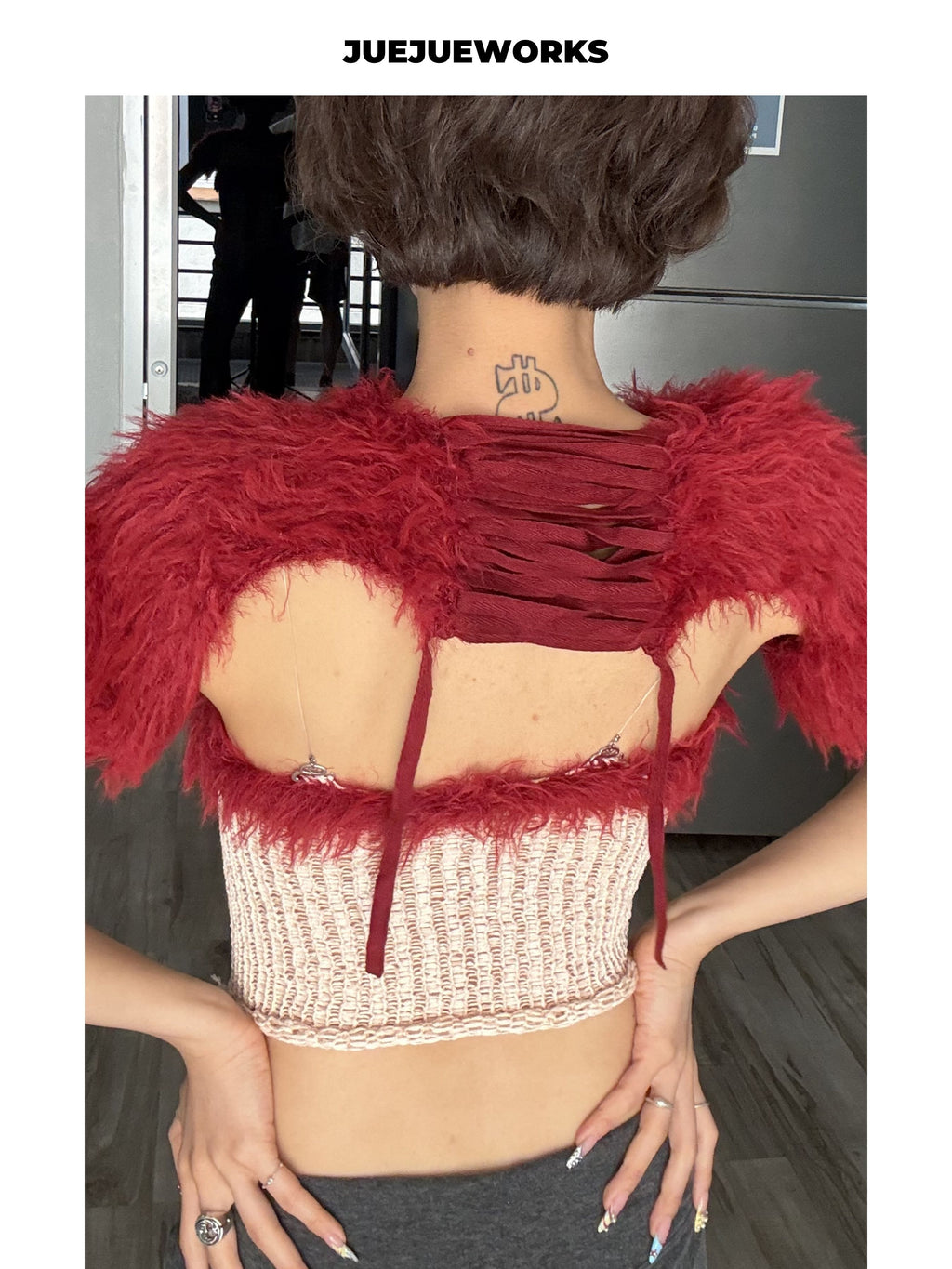 JUEJUEWORKS Red Queen Furry Shrug Short Sleeve Fuzzy Shawl, Adjustable for Autumn & Winter, Handmade Yarn Knit