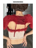 JUEJUEWORKS Red Queen Furry Shrug Short Sleeve Fuzzy Shawl, Adjustable for Autumn & Winter, Handmade Yarn Knit