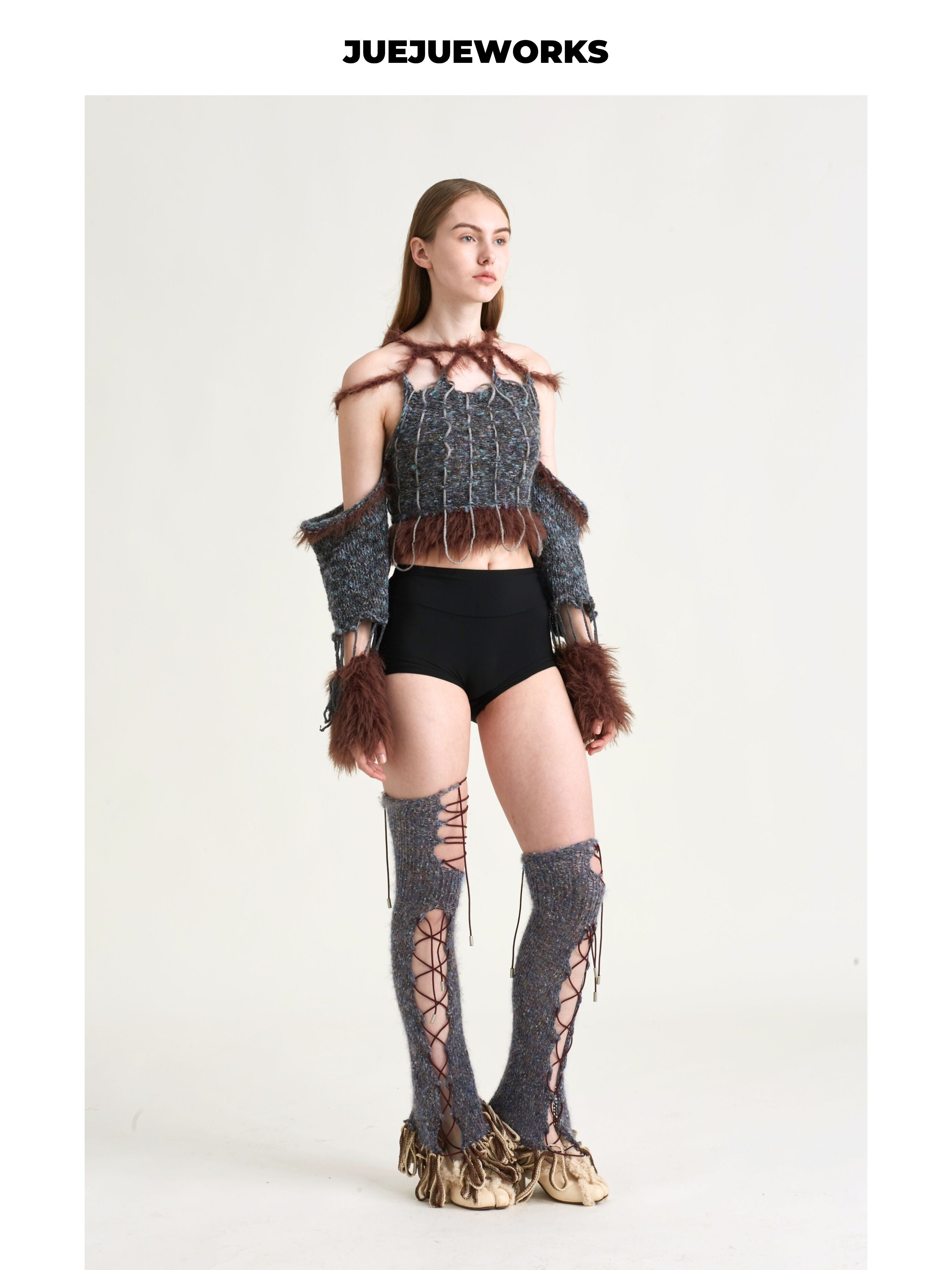 JUEJUEWORKS Crisscross Lace-Up Adjustable Cutout Knit Leg Warmers, Original Handmade Distressed Yarn Knit