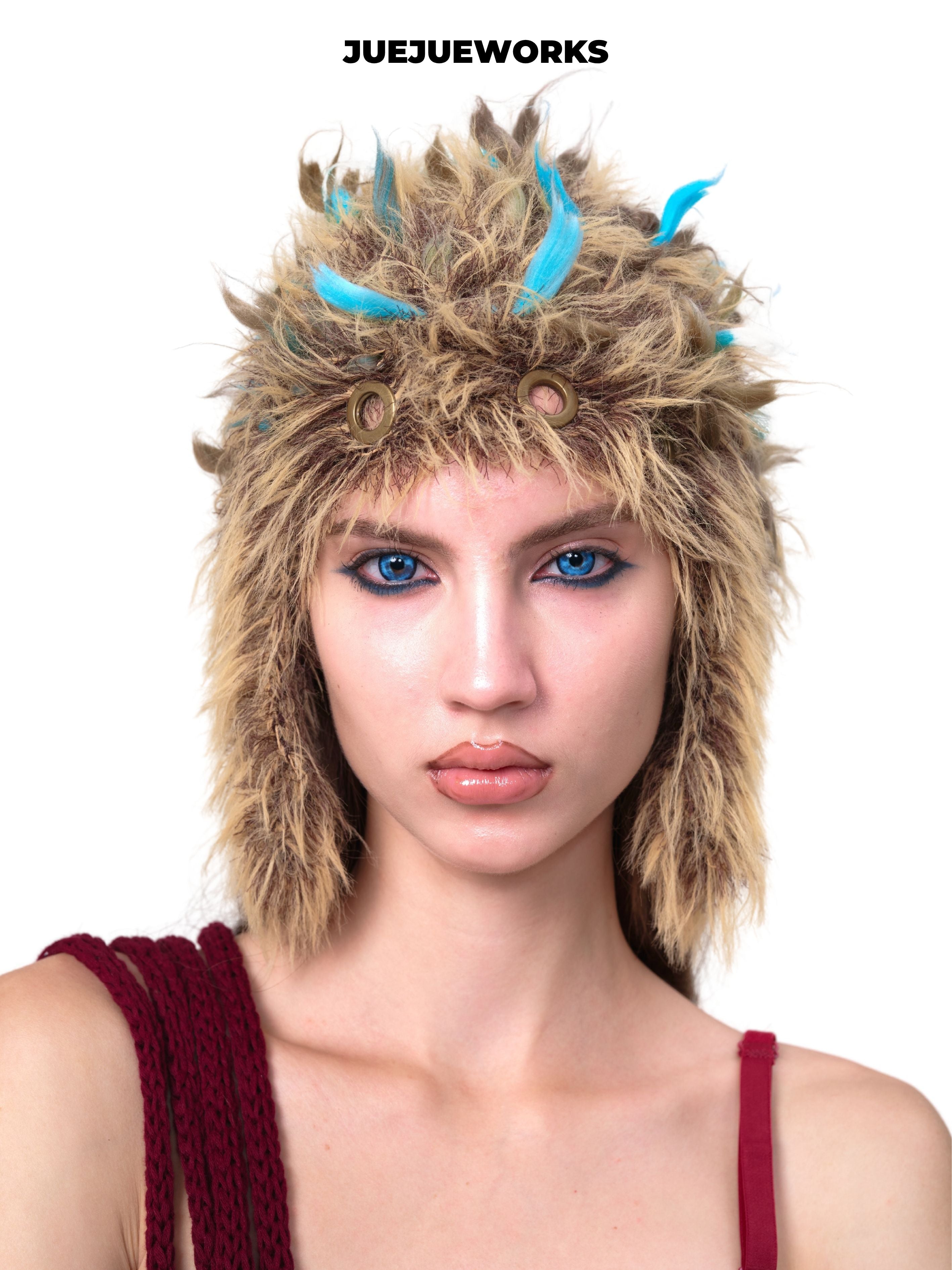 JUEJUEWORKS Brown Fluffy Ear Hat, Stylish Fuzzy Warm Earflap Hat, High-Stretch Handmade Yarn Knit