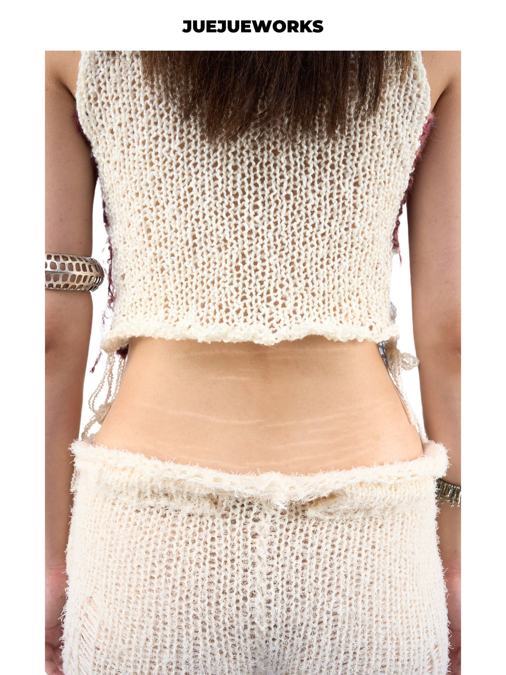 JUEJUEWORKS Multicolor Fringe Vest With Side Tie, High Stretch Breathable Slim Fit Handmade Yarn Knit