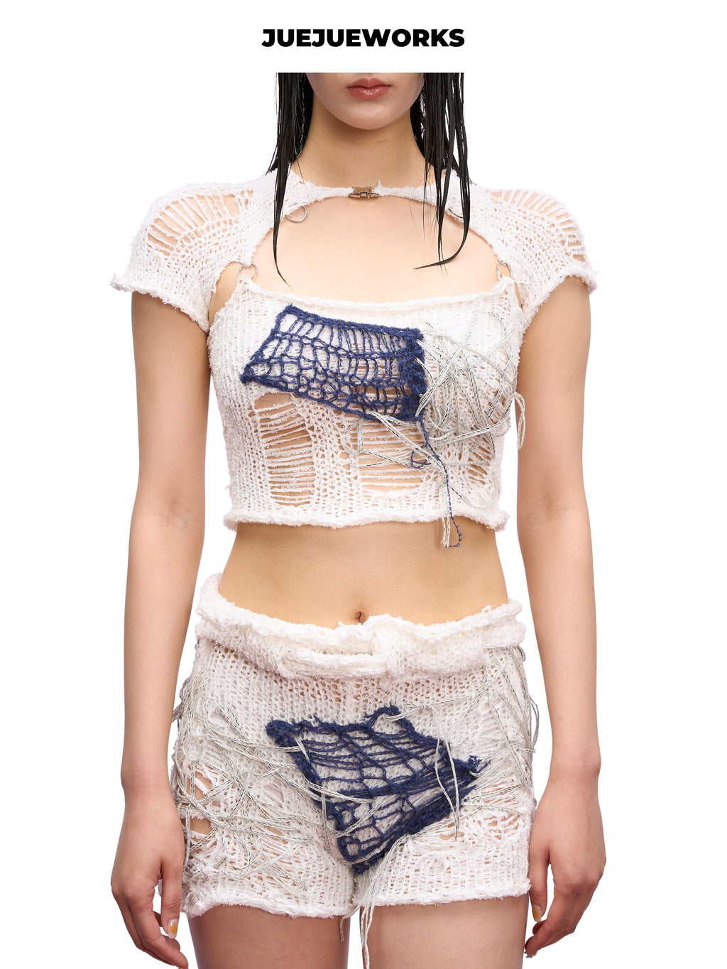 JUEJUEWORKS Patchwork Applique Knit Shorts, Original Summer High Stretch Adjustable Handmade Yarn Knit Shorts