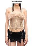 JUEJUEWORKS Alice Fuzzy Trim Lace-Up Knit Tube Top, Corset Hollow Out High Stretch Adjustable Handmade Yarn Knit Summer Corset Cami