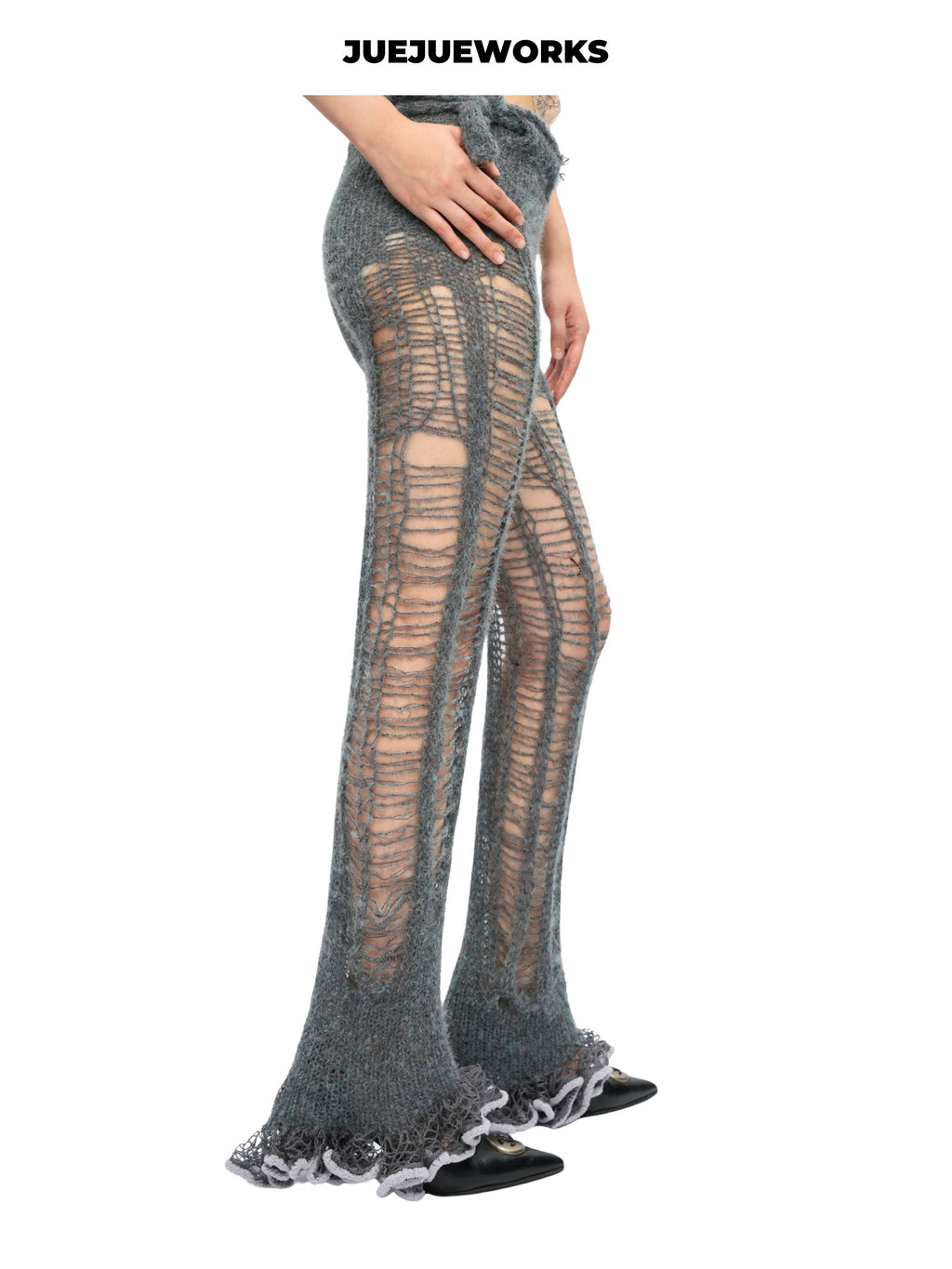 JUEJUEWORKS Grey Distressed Ripped Knit Pants, High Stretch Breathable Slim Fit, Handmade Yarn Knit