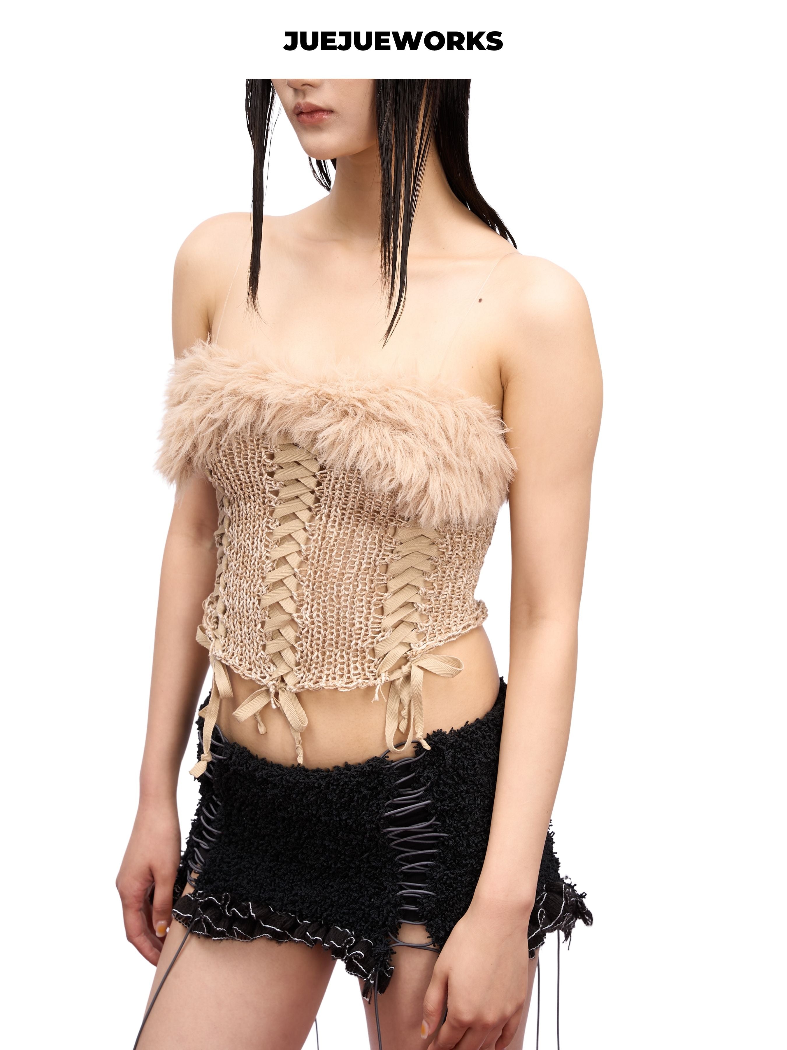 JUEJUEWORKS Alice Fuzzy Trim Lace-Up Knit Tube Top, Corset Hollow Out High Stretch Adjustable Handmade Yarn Knit Summer Corset Cami